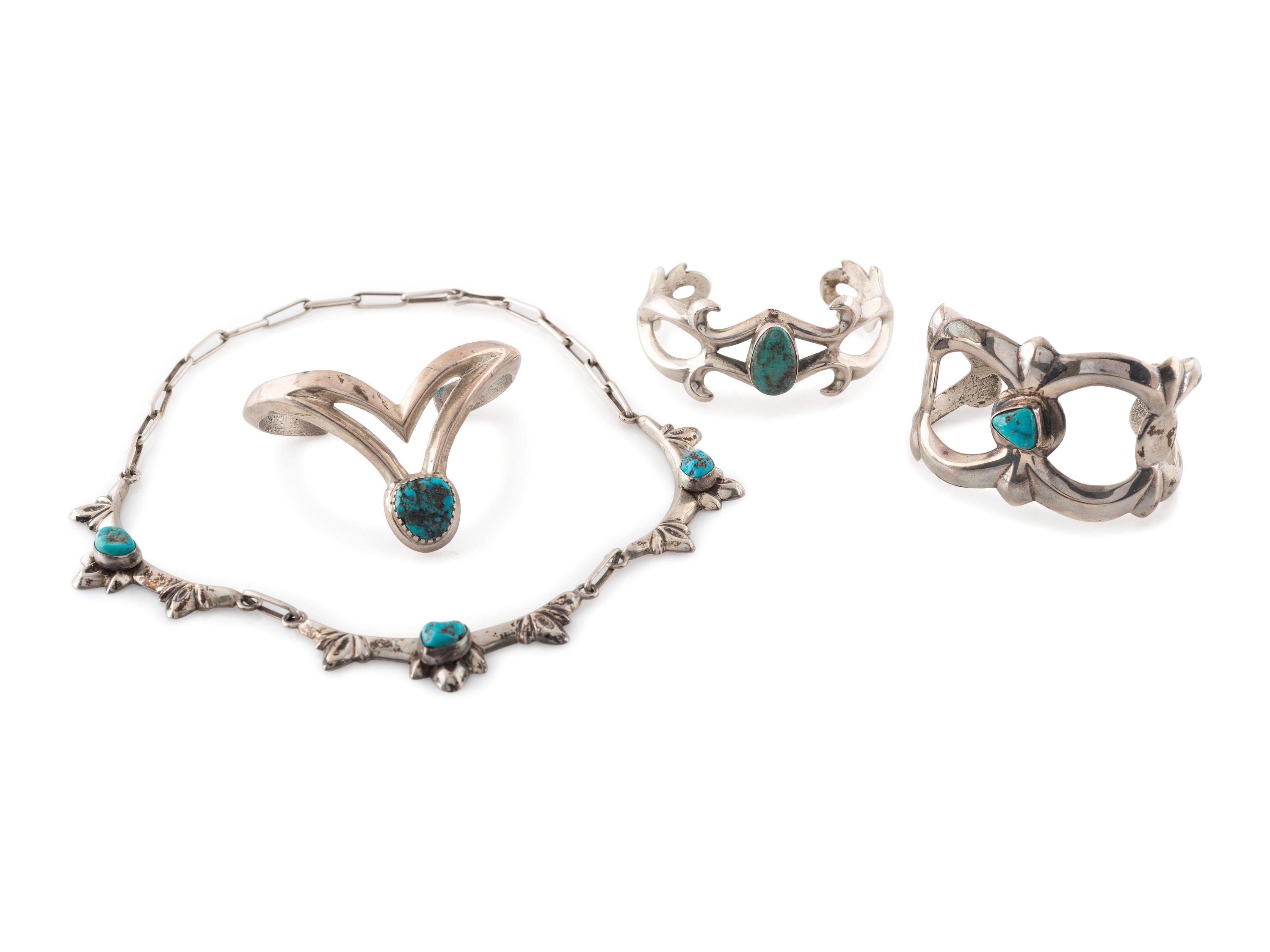 Navajo Sand Cast Silver and Turquoise Cuff Bracelets AND Necklace