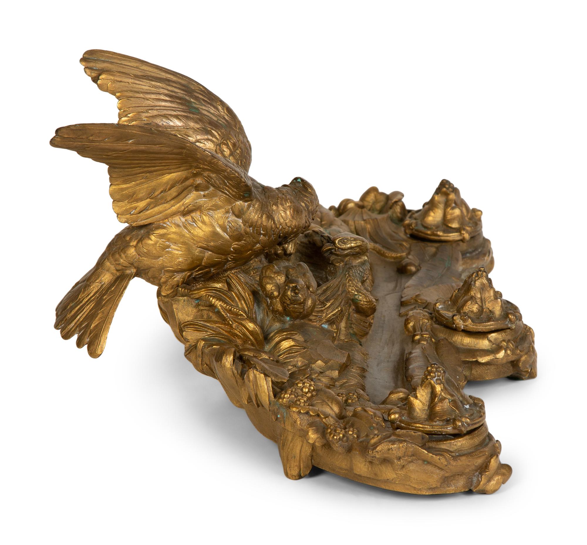 A Continental Gilt Bronze Inkwell with Bird and Nest in the Manner of Pautrot — 19th Century