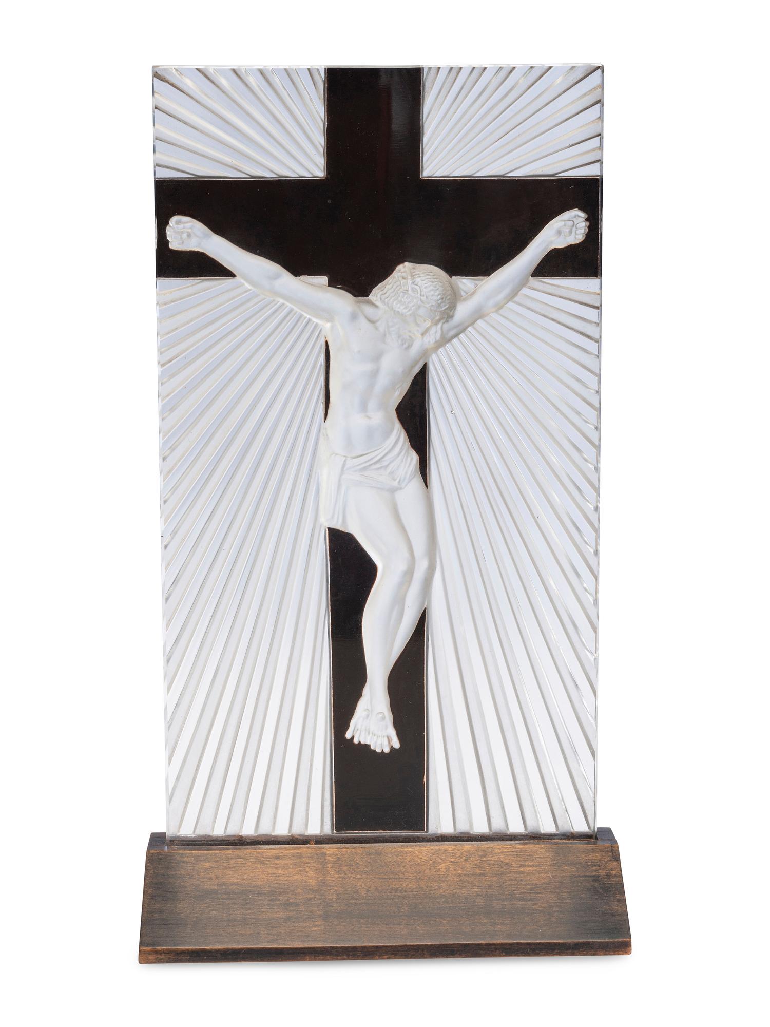 A Lalique Frosted Glass and Enamel Crucifix