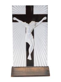 A Lalique Frosted Glass and Enamel Crucifix