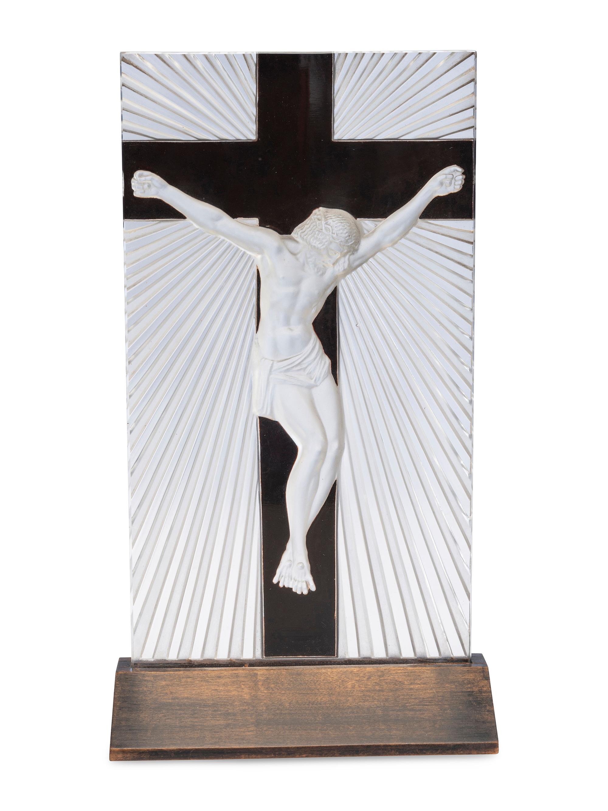 A Lalique Frosted Glass and Enamel Crucifix