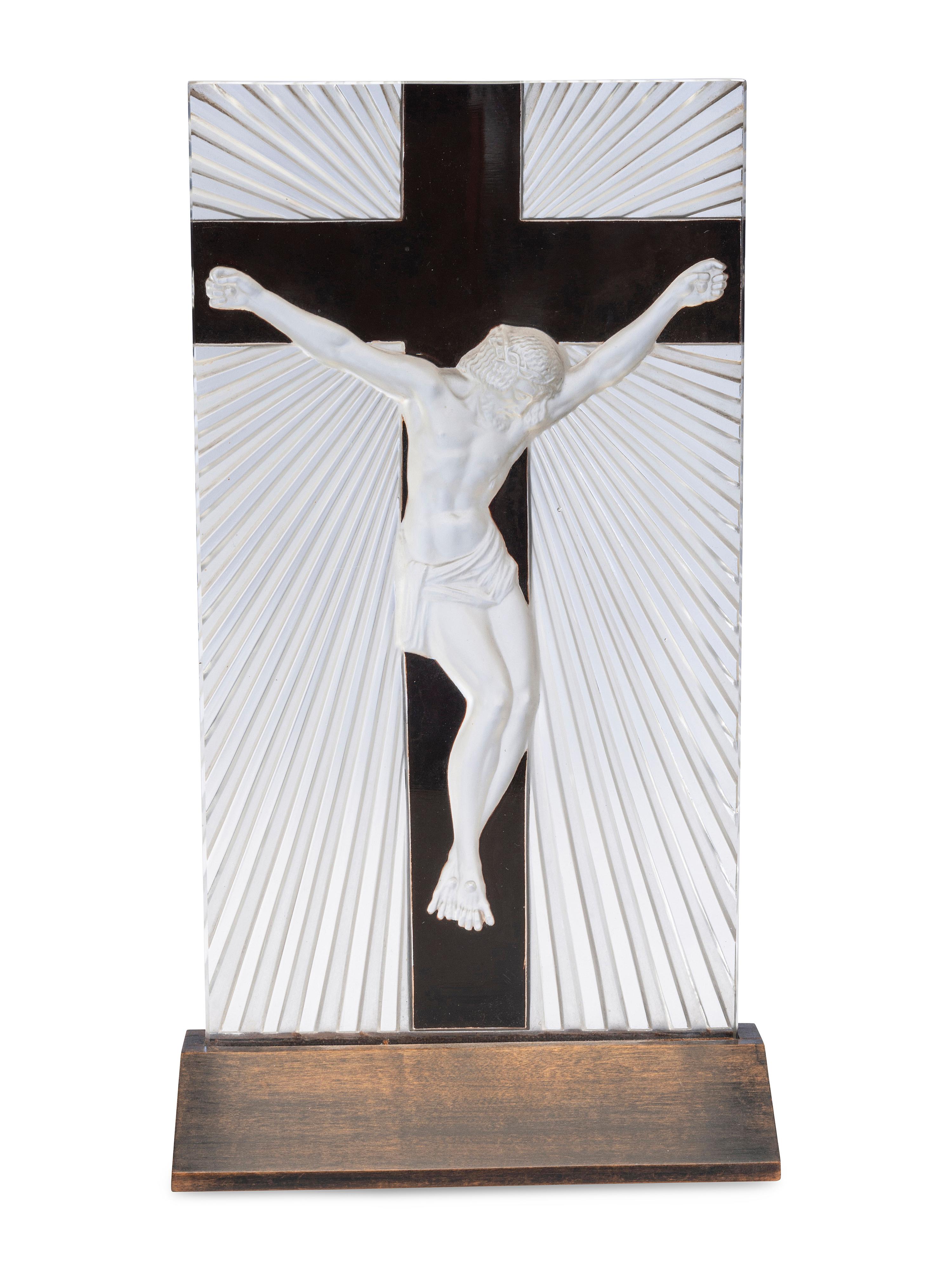 A Lalique Frosted Glass and Enamel Crucifix