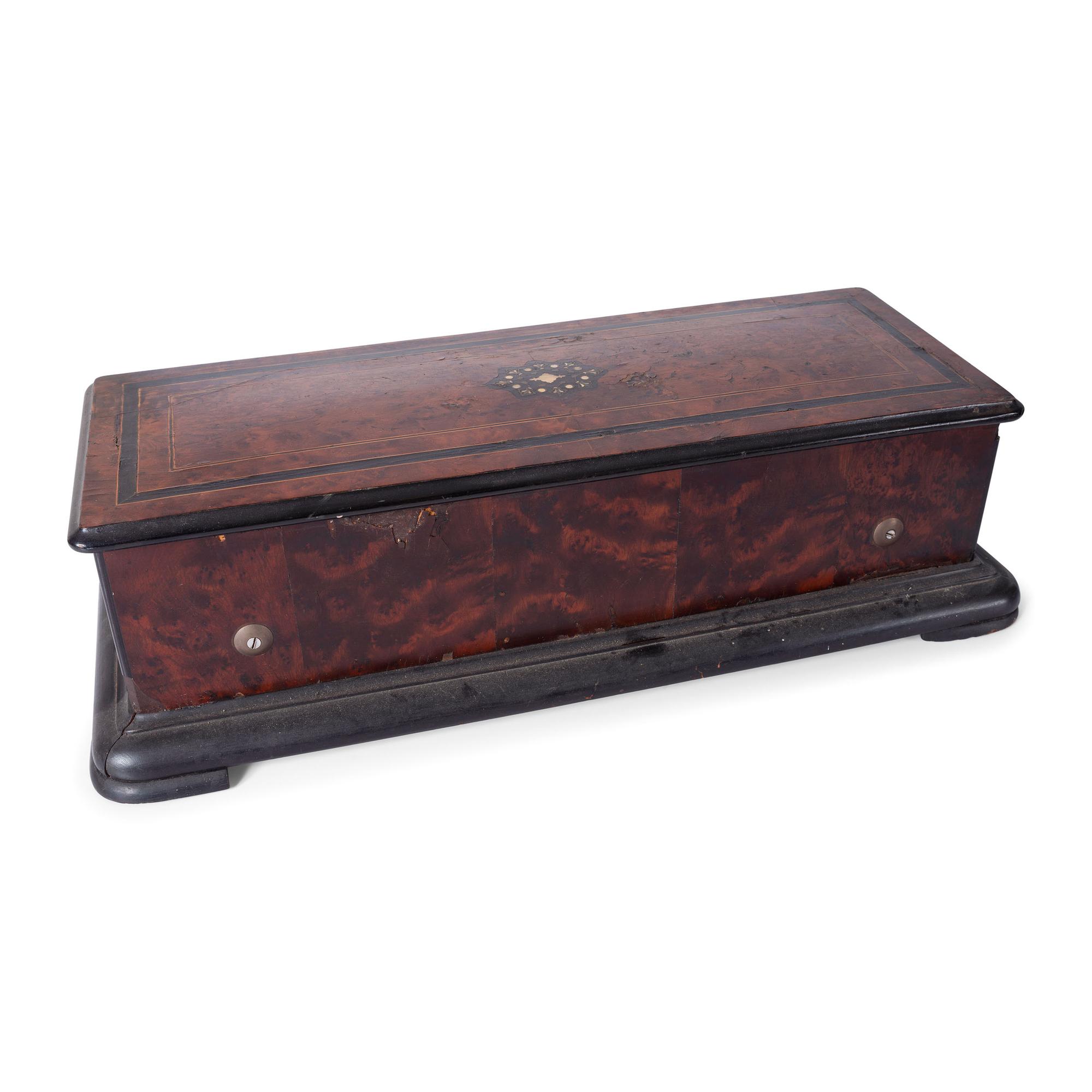 An Eight Tune Cylinder Swiss Music Box with Inlaid Burl Walnut Case