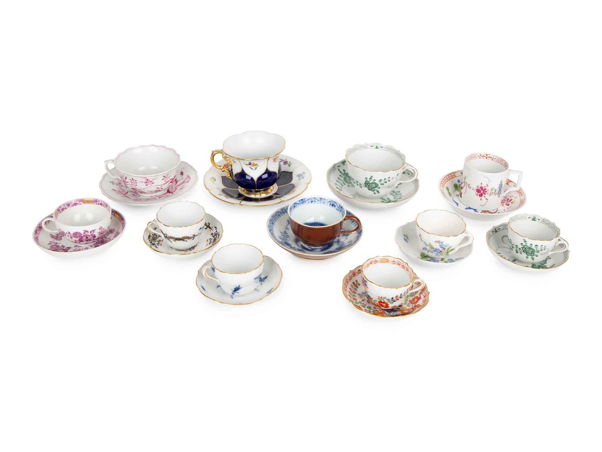 Eleven Meissen Porcelain Teacups and Saucers — PRIMARILY 20TH CENTURY