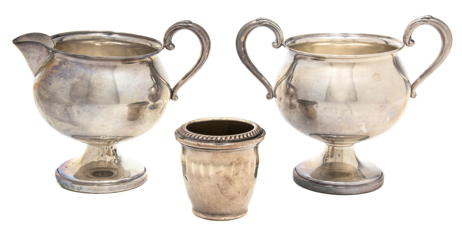 Three Weighted Sterling Articles, , comprising a two handled sugar, creamer and tooth pick holder.