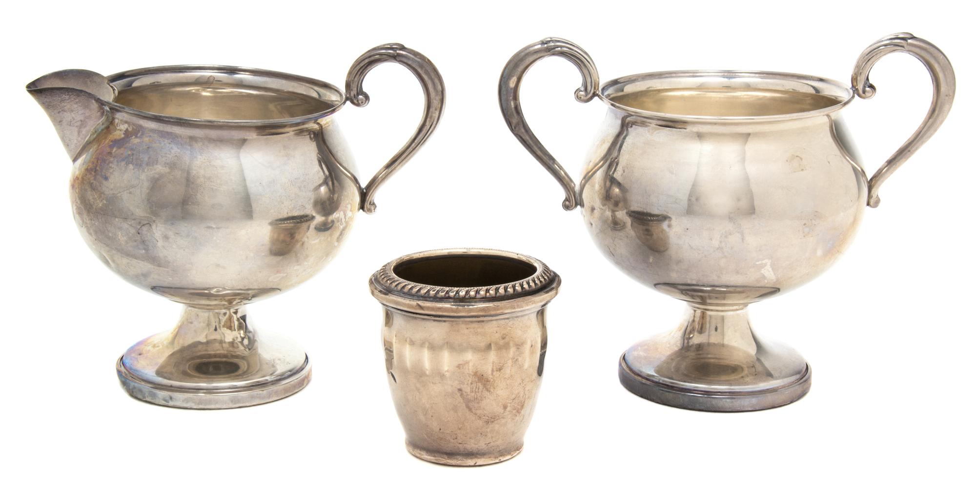 Three Weighted Sterling Articles, , comprising a two handled sugar, creamer and tooth pick holder.