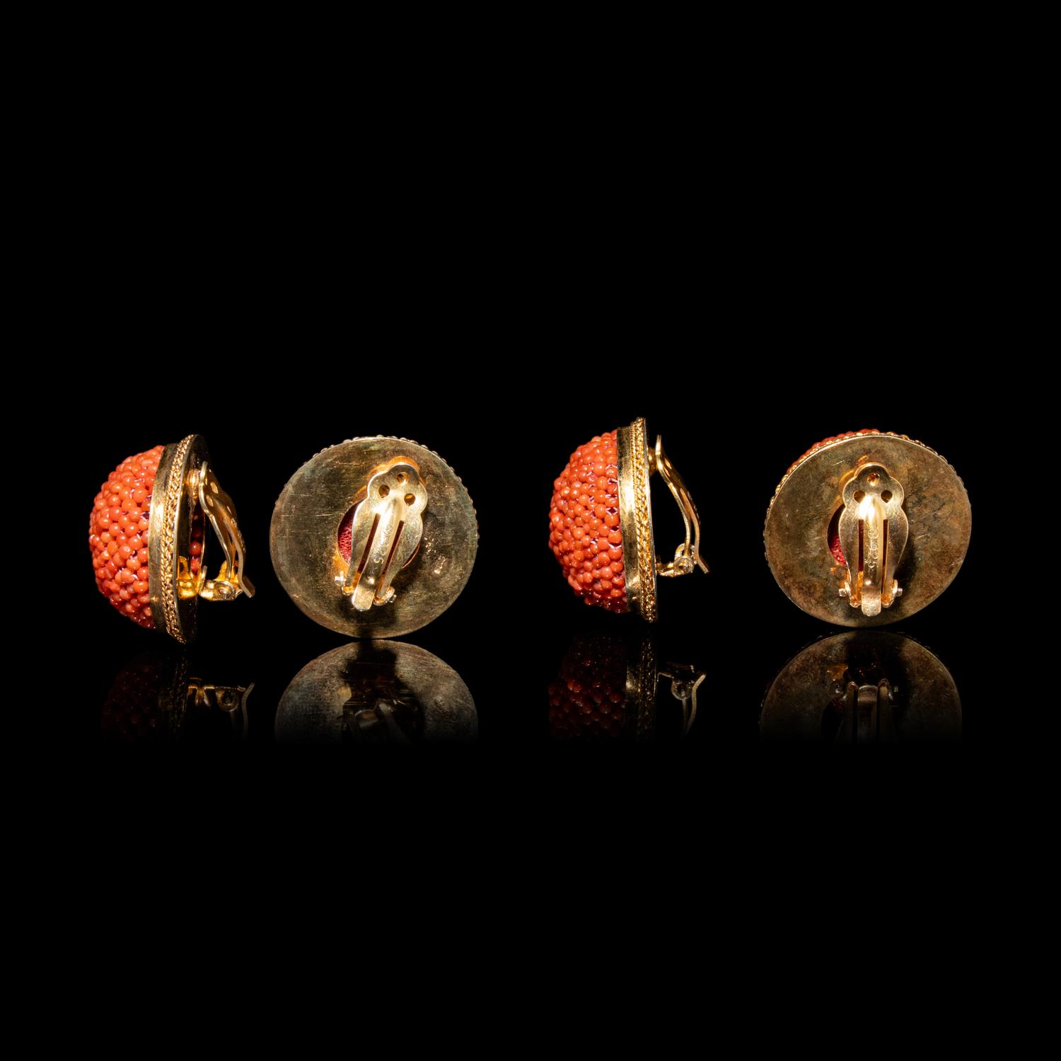 Two Pairs of Chinese Coral Bead Earclips, 20th Century