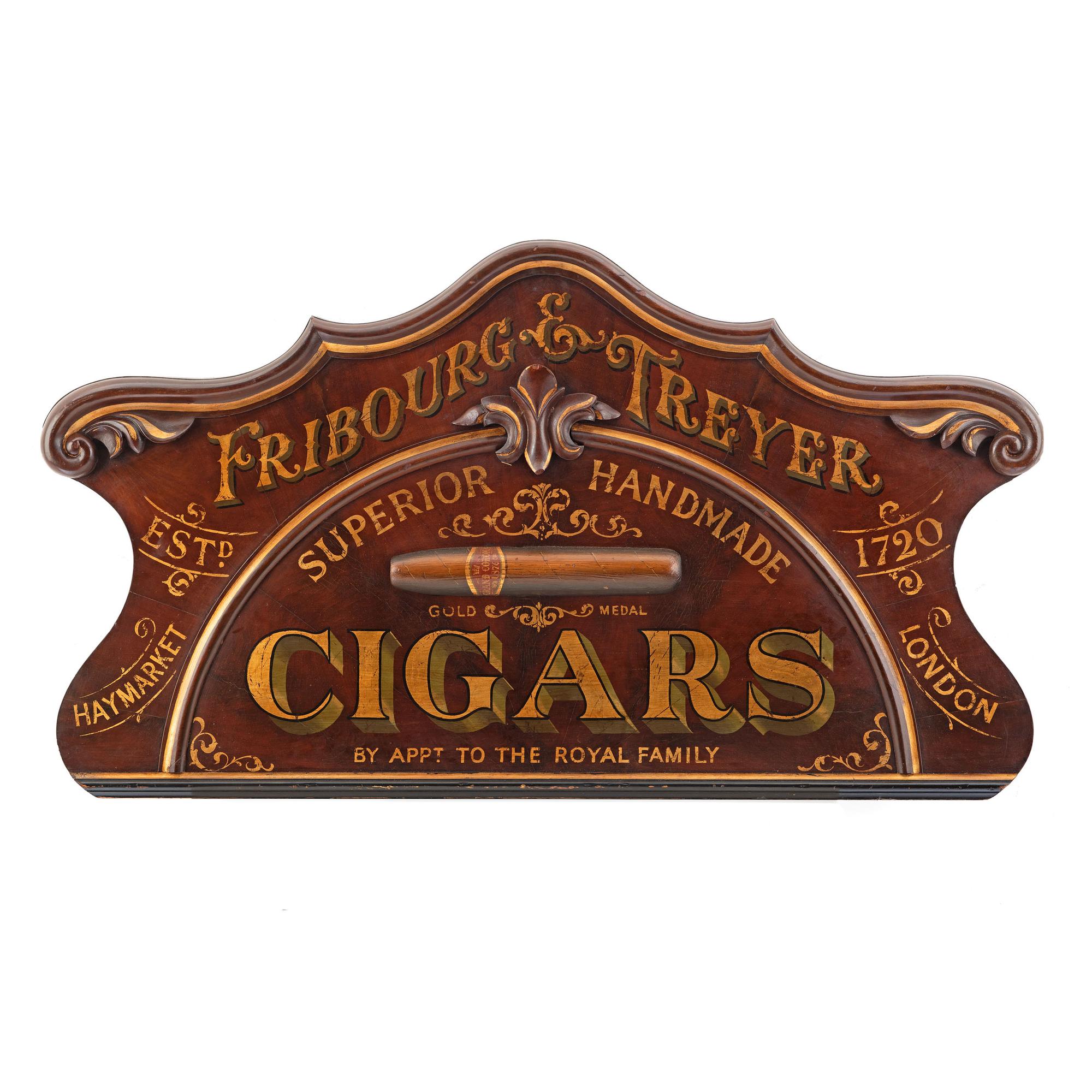 A Fribourg & Treyer Cigars Carved and Painted Walnut Advertising Sign