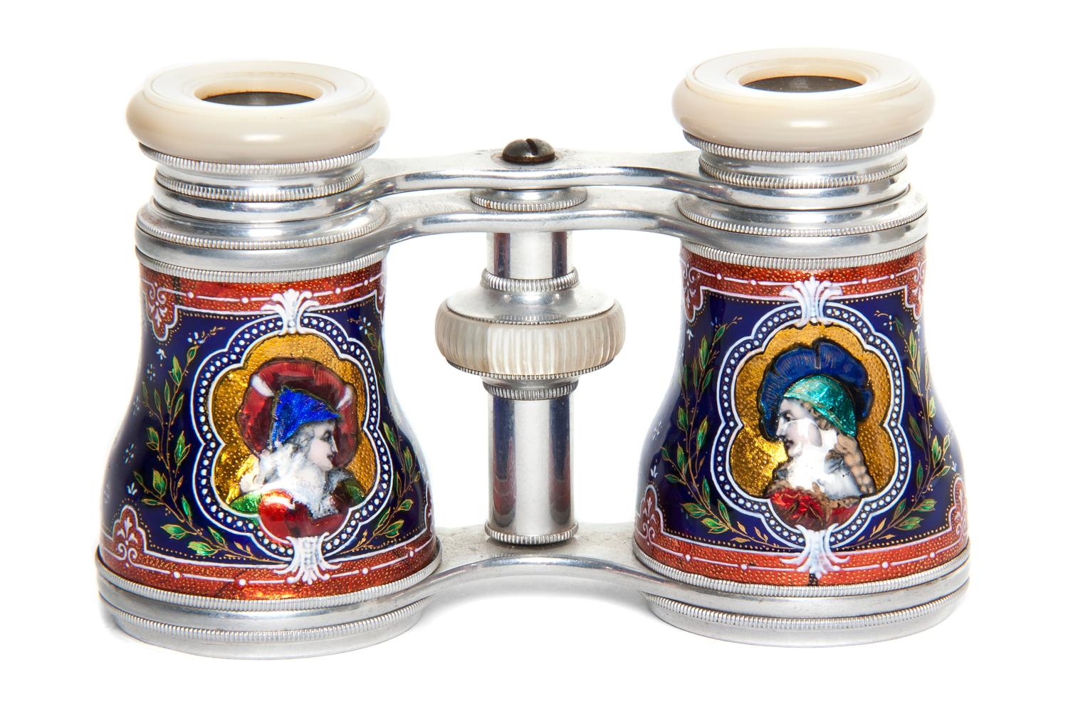 A Pair of Continental Enameled Aluminum Opera Glasses, Width 4 1/8 inches.
