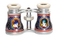 A Pair of Continental Enameled Aluminum Opera Glasses, Width 4 1/8 inches.