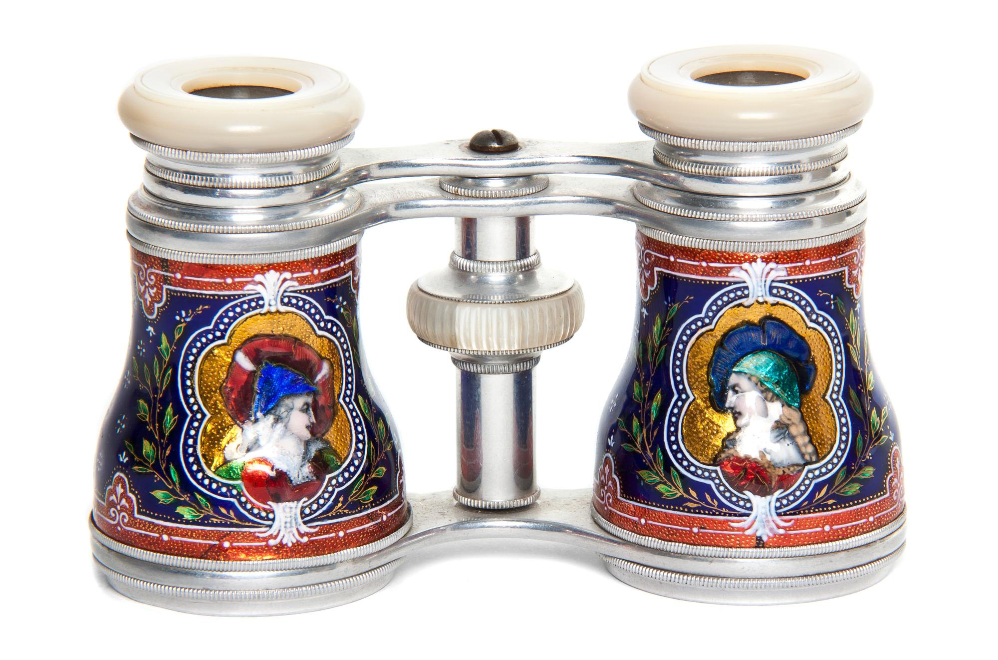 A Pair of Continental Enameled Aluminum Opera Glasses, Width 4 1/8 inches.