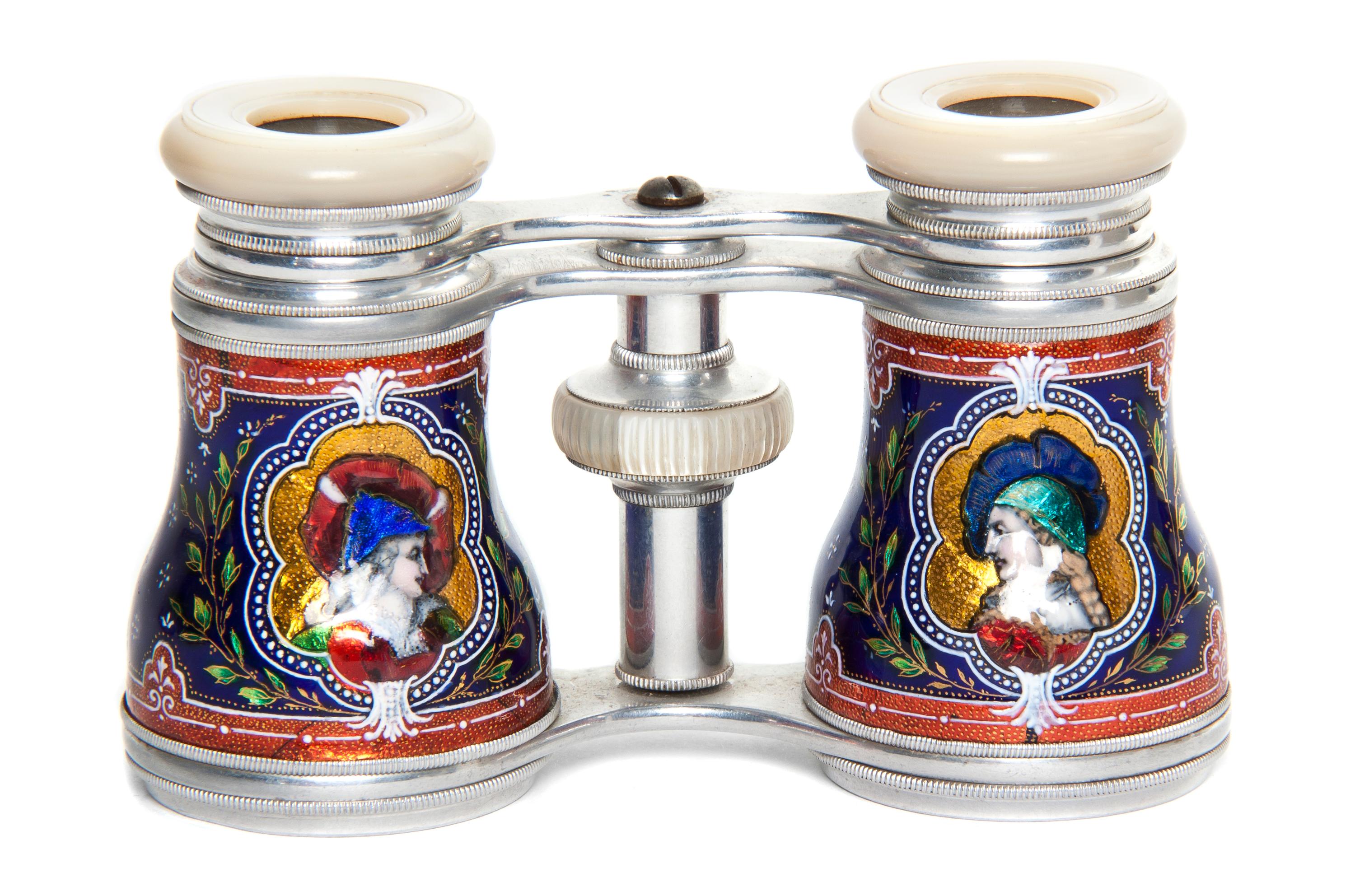A Pair of Continental Enameled Aluminum Opera Glasses, Width 4 1/8 inches.
