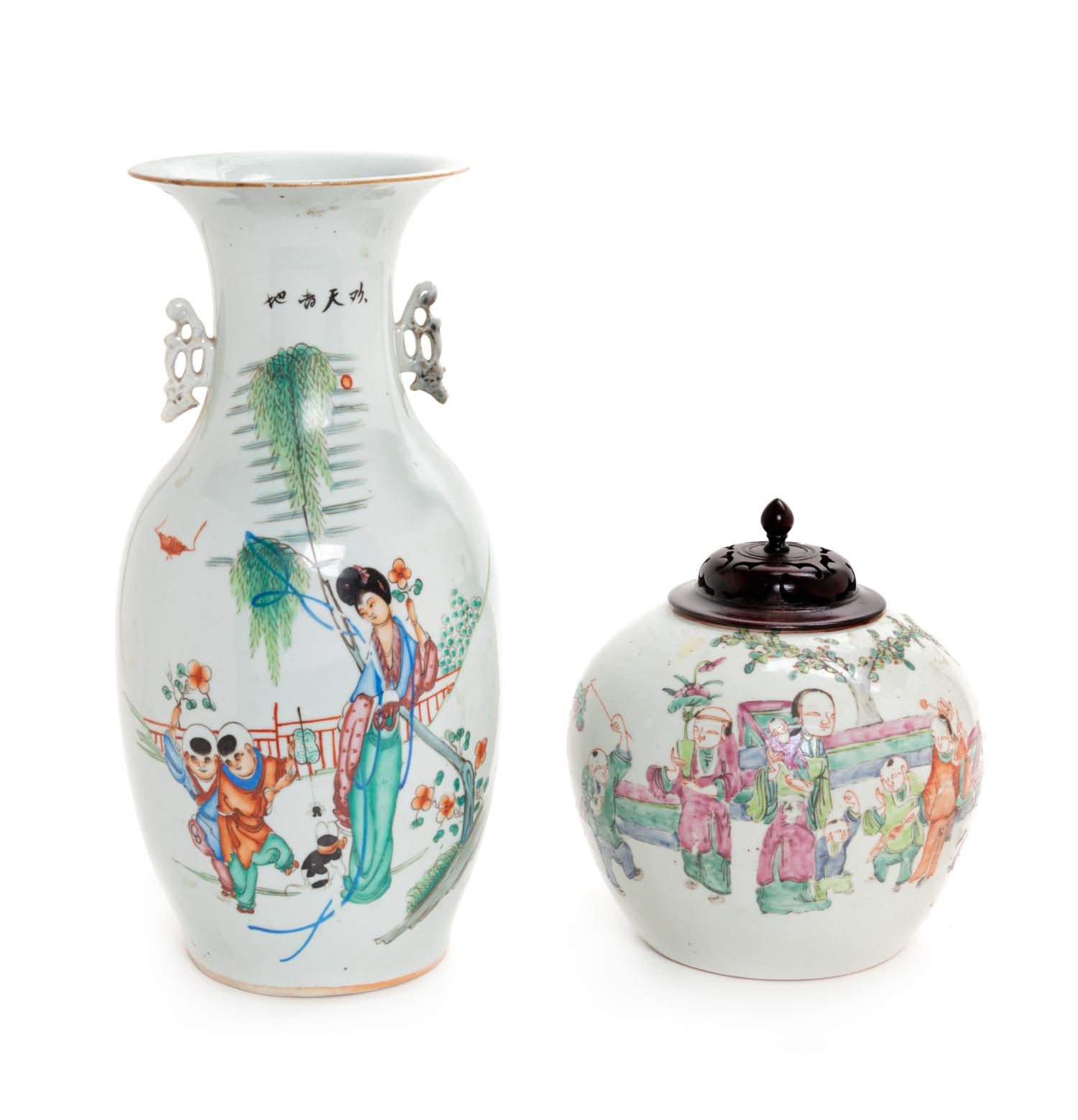 Two Chinese Famille Rose Porcelain Articles Height of vase 17 1/4 inches. — 19TH-EARLY 20TH CENTURY