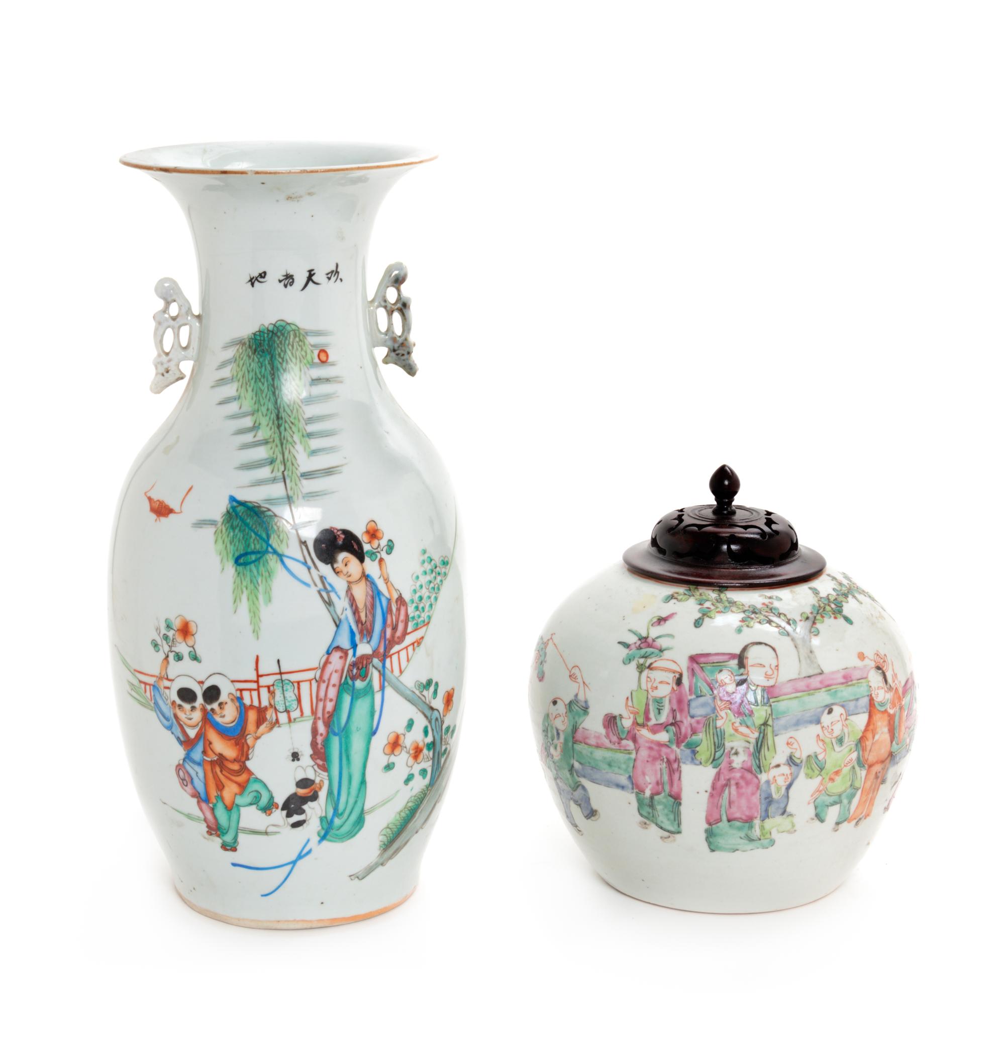 Two Chinese Famille Rose Porcelain Articles Height of vase 17 1/4 inches. — 19TH-EARLY 20TH CENTURY