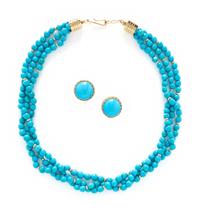 TURQUOISE AND YELLOW GOLD EARRINGS AND NECKLACE
