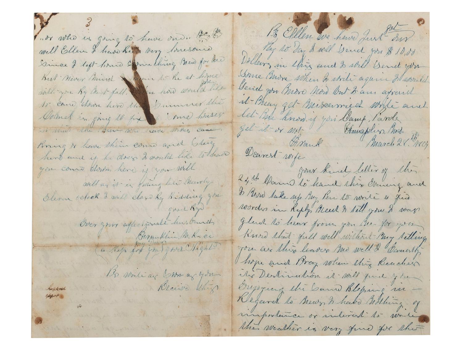 [CIVIL WAR]. War-date letter and discharge document from Franklin Rice, Jr. of the 94th New York Infantry.