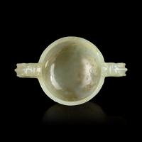 A Small Chinese Carved Celadon Jade Libation Cup, 17th/18th Century or Later 明末清初或更晚 青玉乳釘紋簋式螭耳杯