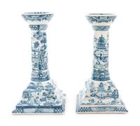 A Pair of Chinese Export Blue and White Porcelain Candlesticks