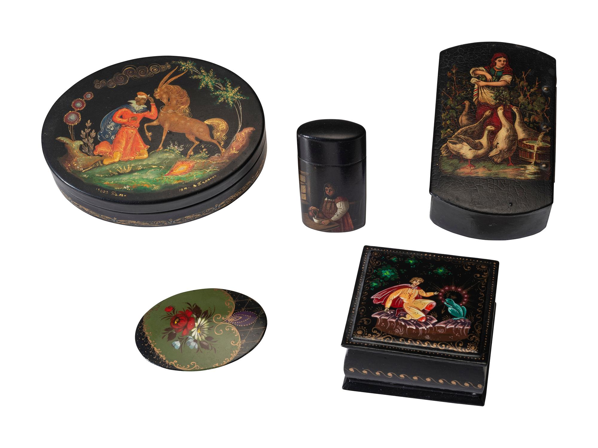 Four Russian Lacquer Snuff and Powder Boxes