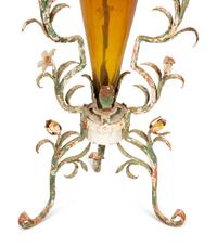 A Pair of Polychrome Painted Metal Stands with Amber Glass Amphora Vases
