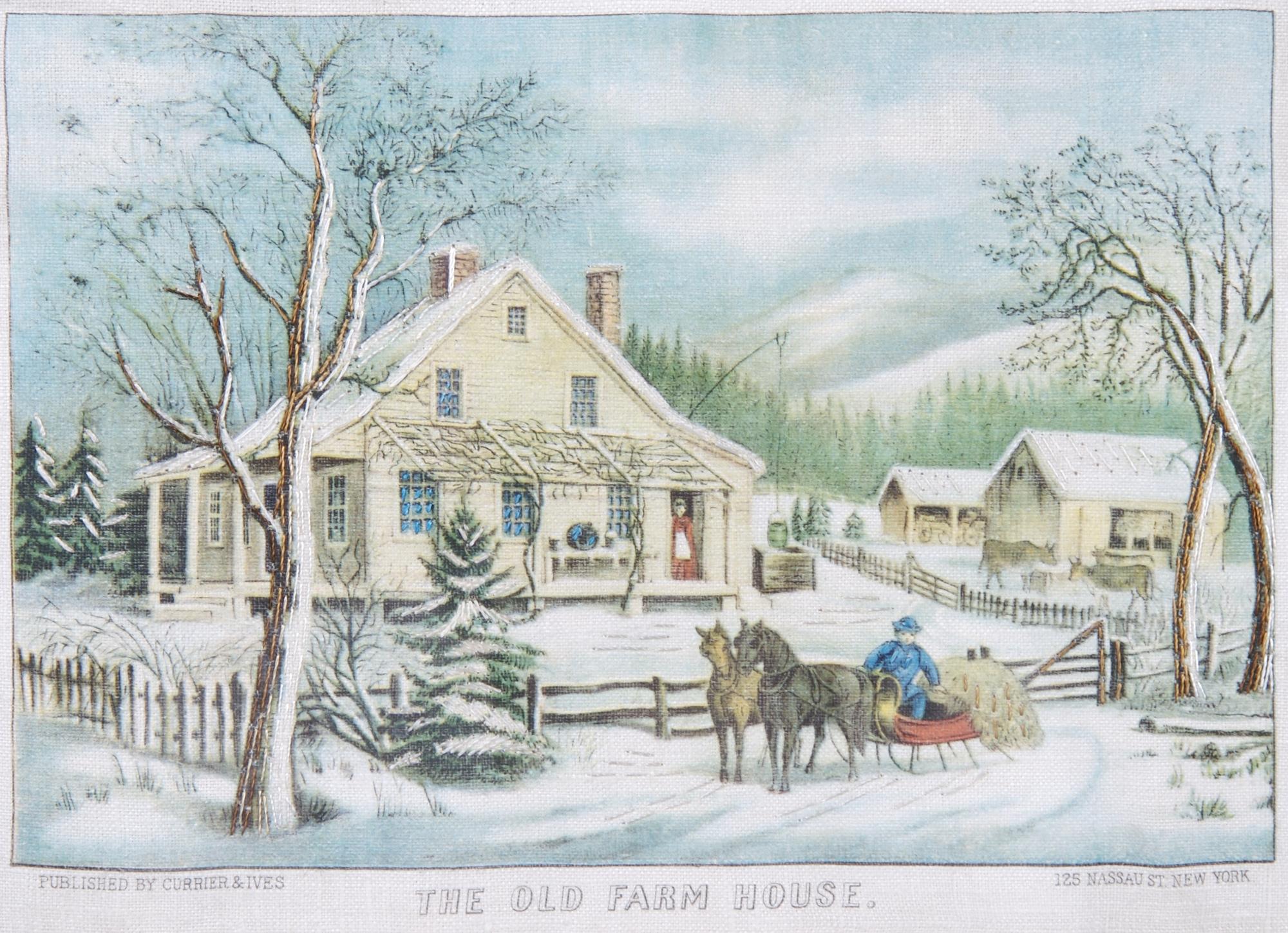 A Currier and Ives Needlework and Handcolored Illustration, Height 12 7/8 x 15 1/2 inches.