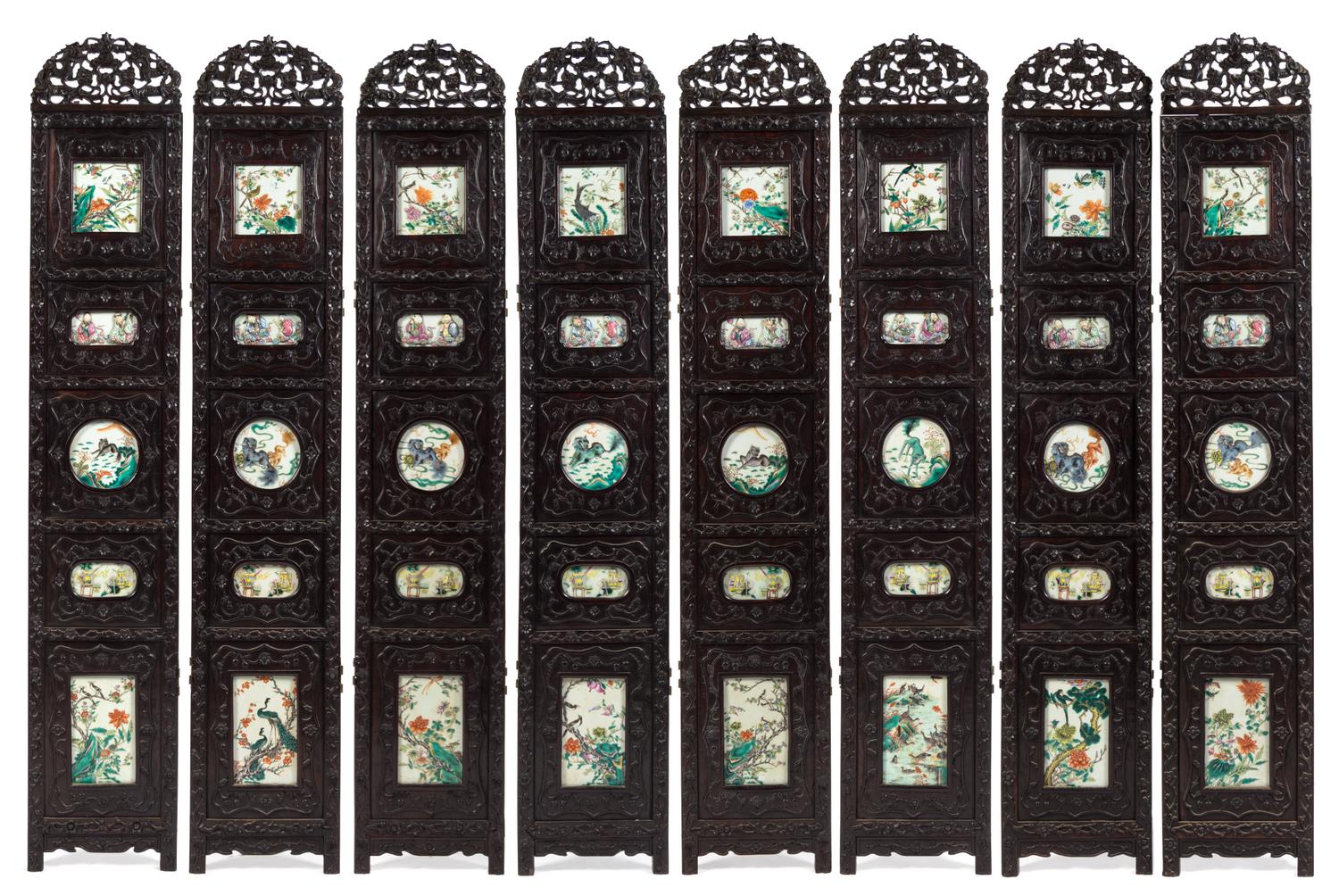 A Chinese Eight-Panel Famille Rose Porcelain Inlaid Hardwood Floor Screen 19TH CENTURY Height overall 69 inches. — 19TH CENTURY