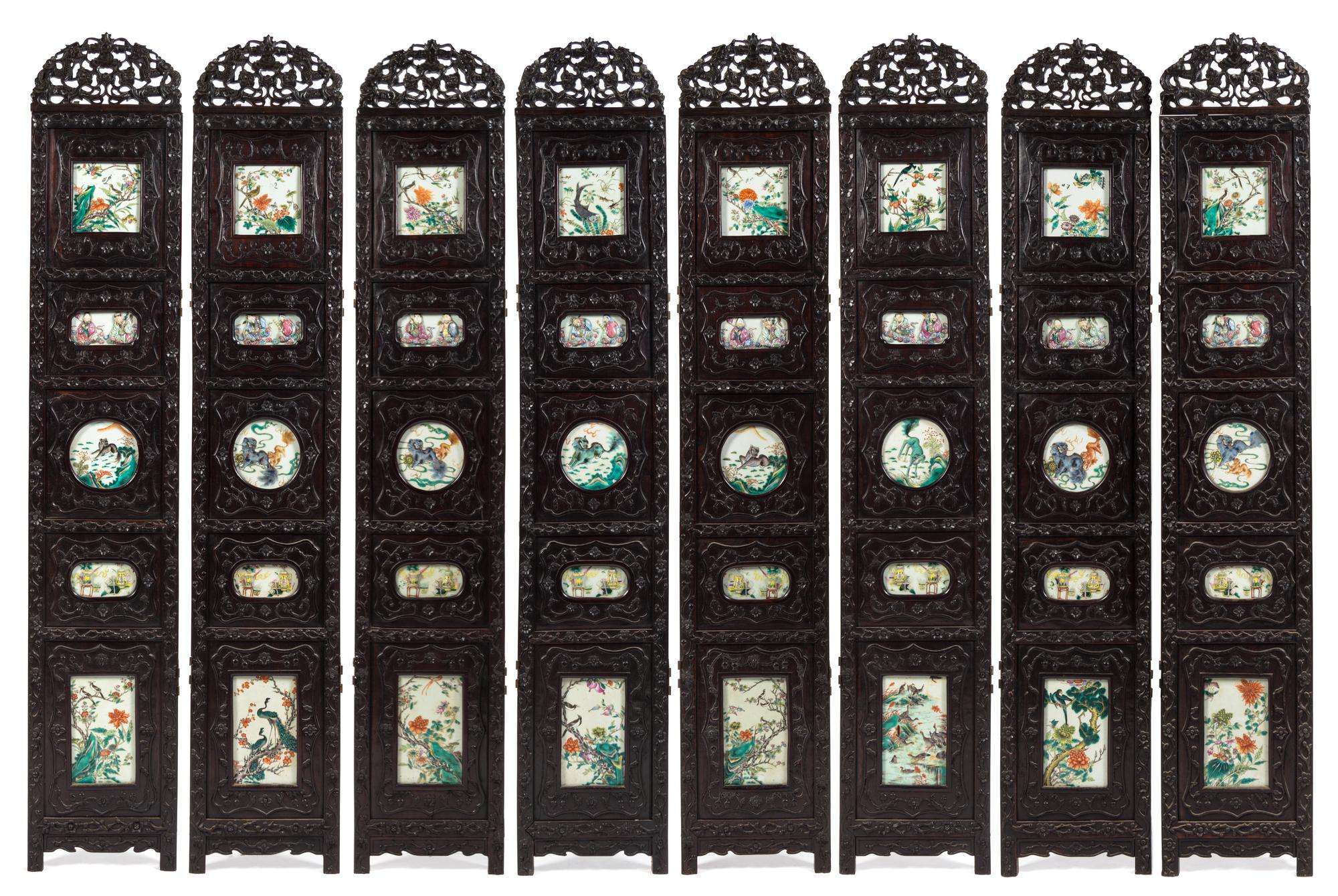A Chinese Eight-Panel Famille Rose Porcelain Inlaid Hardwood Floor Screen 19TH CENTURY Height overall 69 inches. — 19TH CENTURY