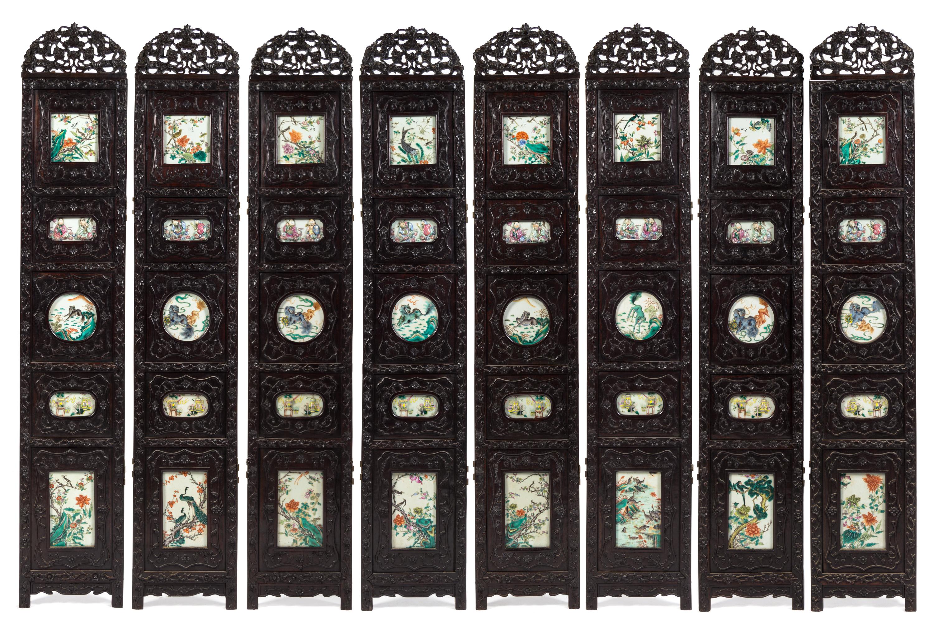 A Chinese Eight-Panel Famille Rose Porcelain Inlaid Hardwood Floor Screen 19TH CENTURY Height overall 69 inches. — 19TH CENTURY