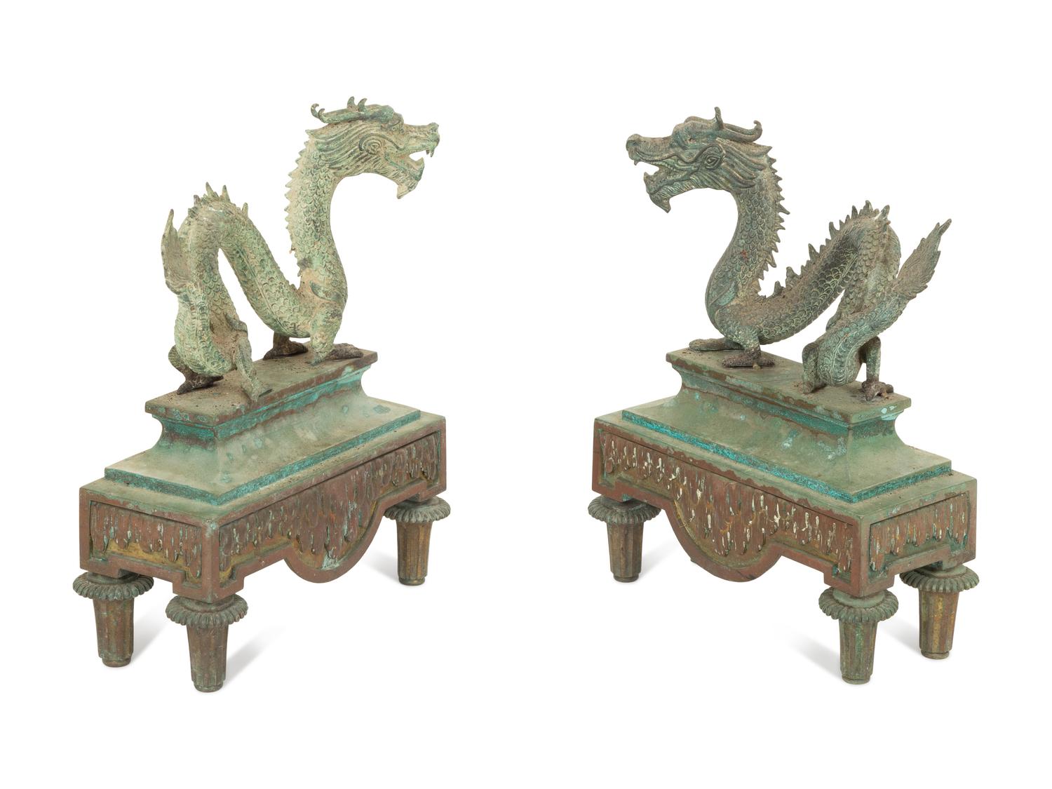 A Pair of Chinese Bronze Dragon Chenets