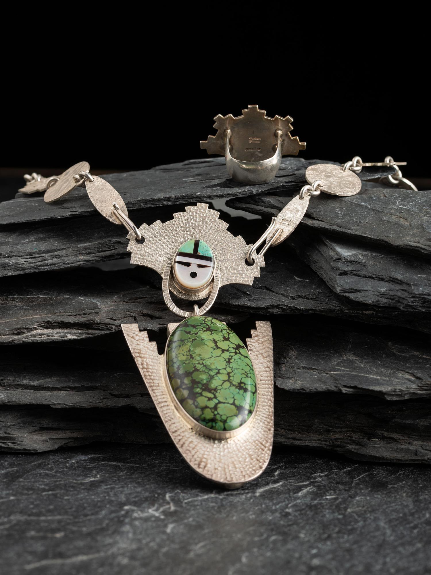 Navajo or Zuni Figural Necklace and Ring, with Stand