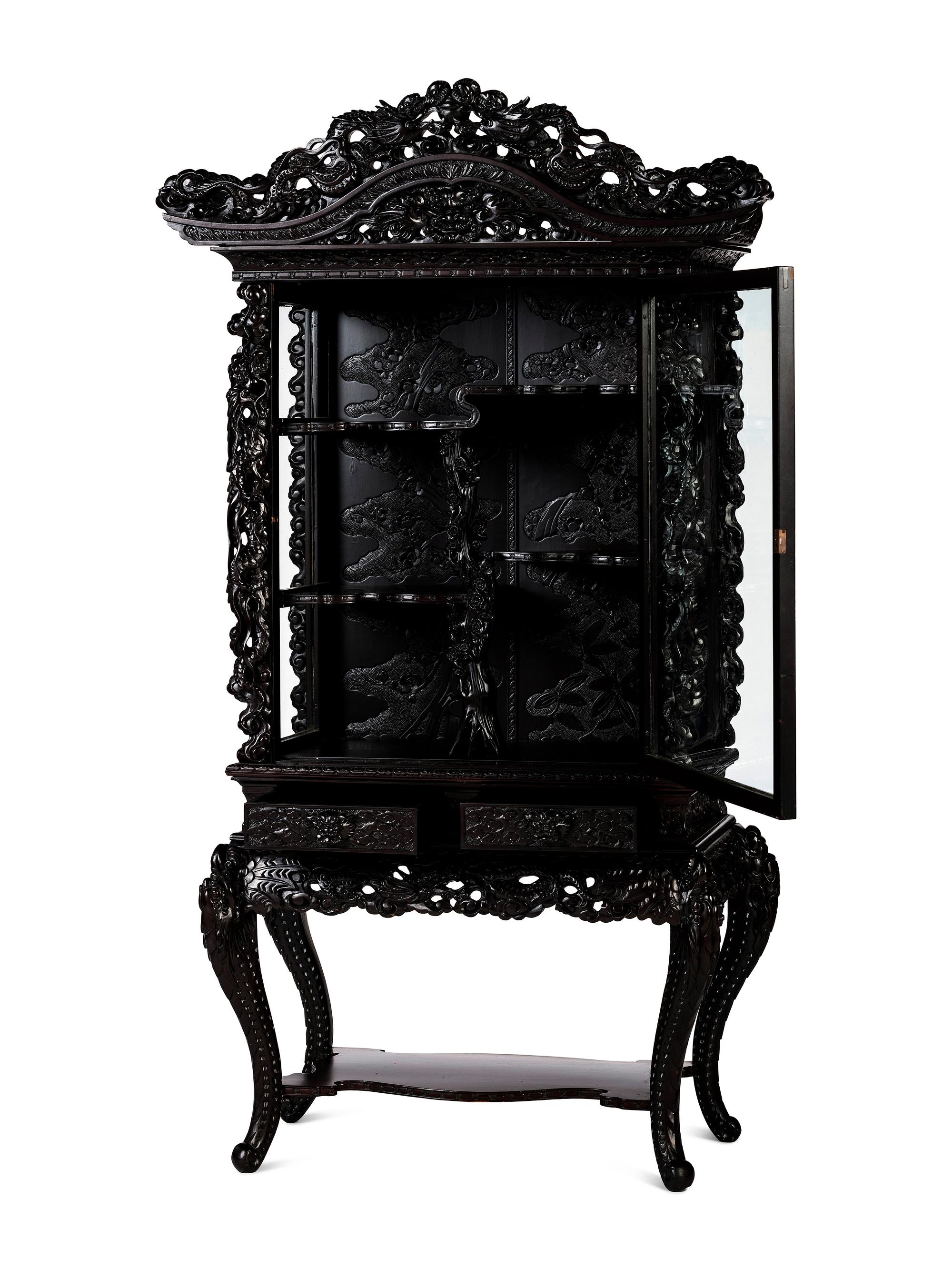 A Japanese Carved Hardwood Display Cabinet