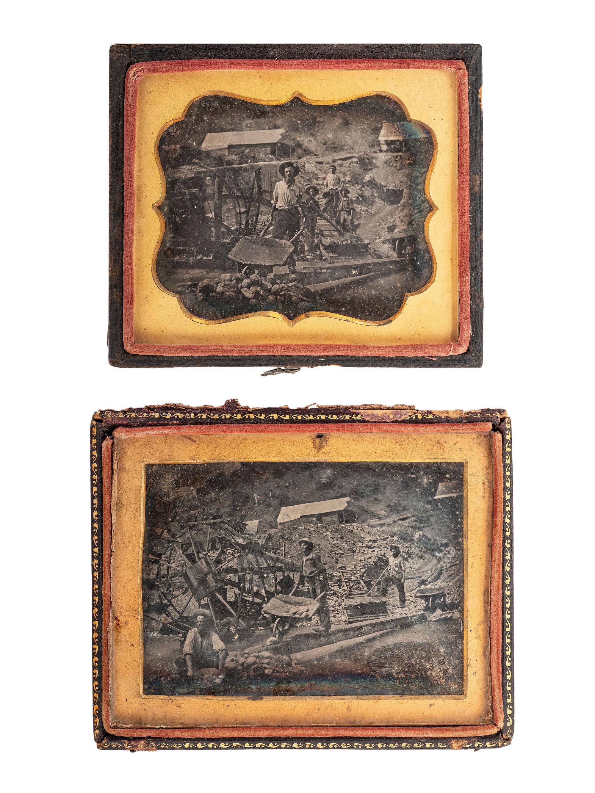 [GOLD RUSH - EARLY PHOTOGRAPHY]. Two daguerreotypes of miner William J. Jewell (1818-1885) in the California gold fields. [Poverty Bar, California], [29 July 1852].