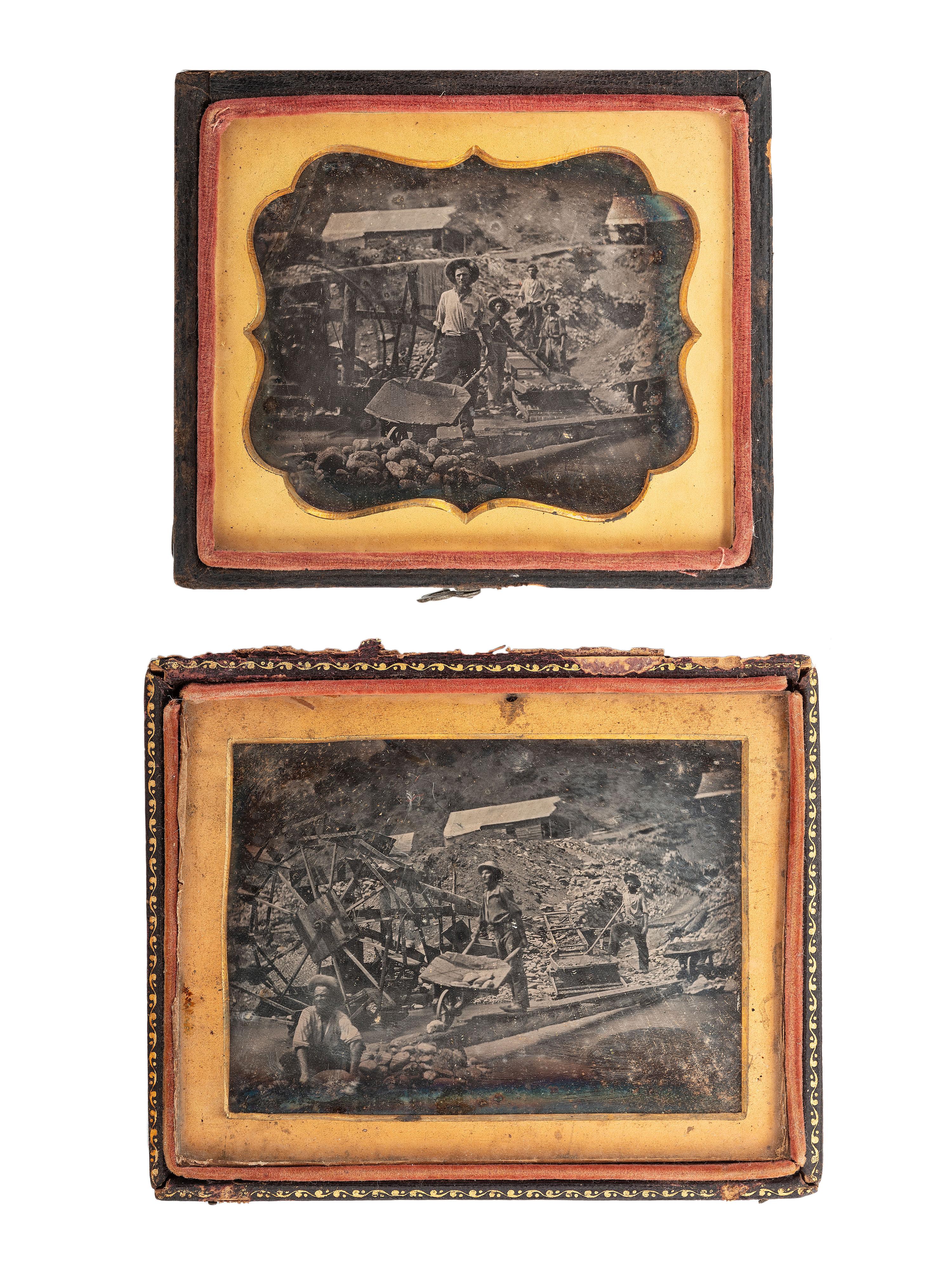 [GOLD RUSH - EARLY PHOTOGRAPHY]. Two daguerreotypes of miner William J. Jewell (1818-1885) in the California gold fields. [Poverty Bar, California], [29 July 1852].