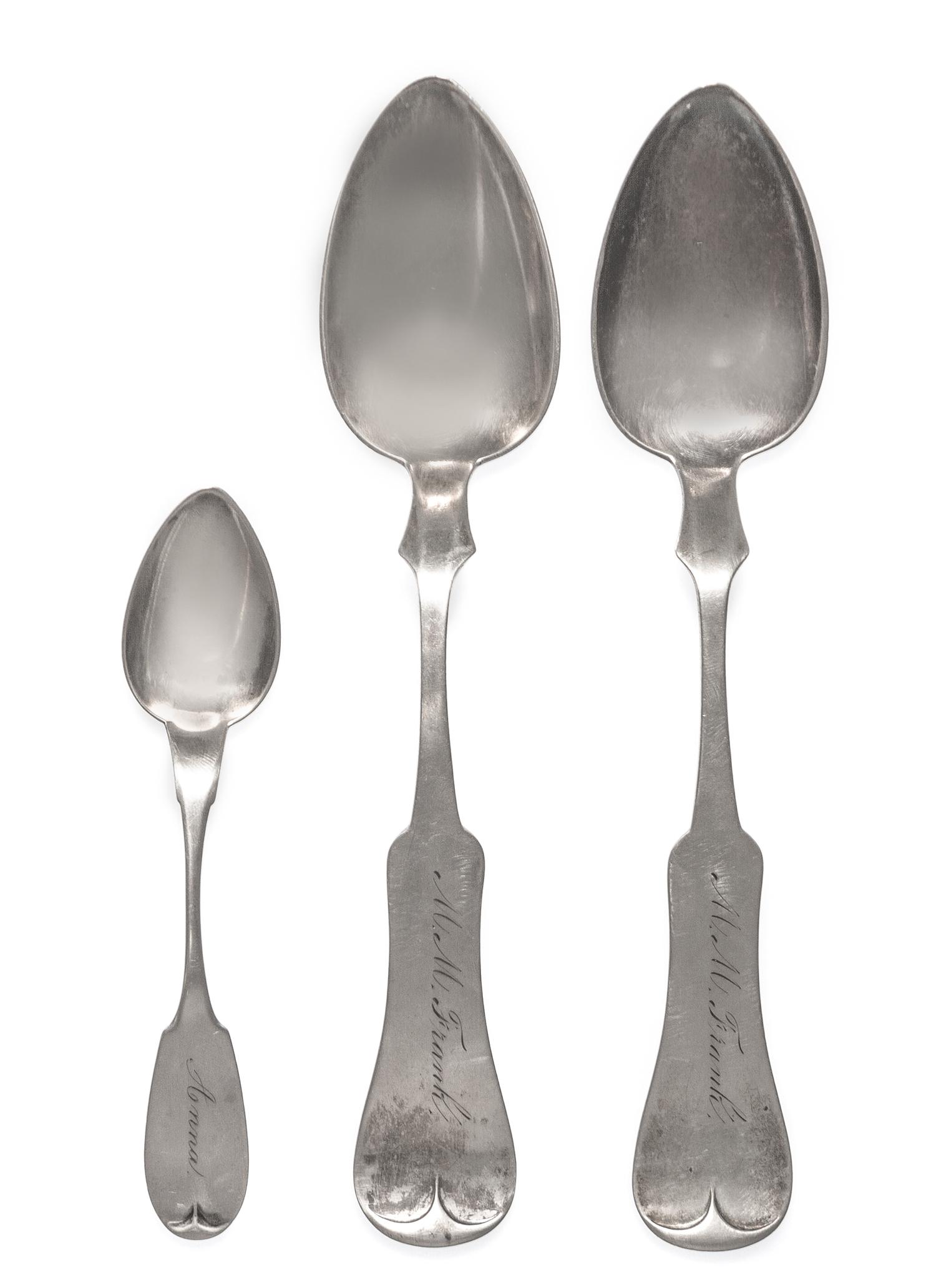 Three American Coin Silver Spoons, , comprising a pair of tablespoons, C. Oskamp, Cincinnati, OH, engraved M.M. Frank in script with a