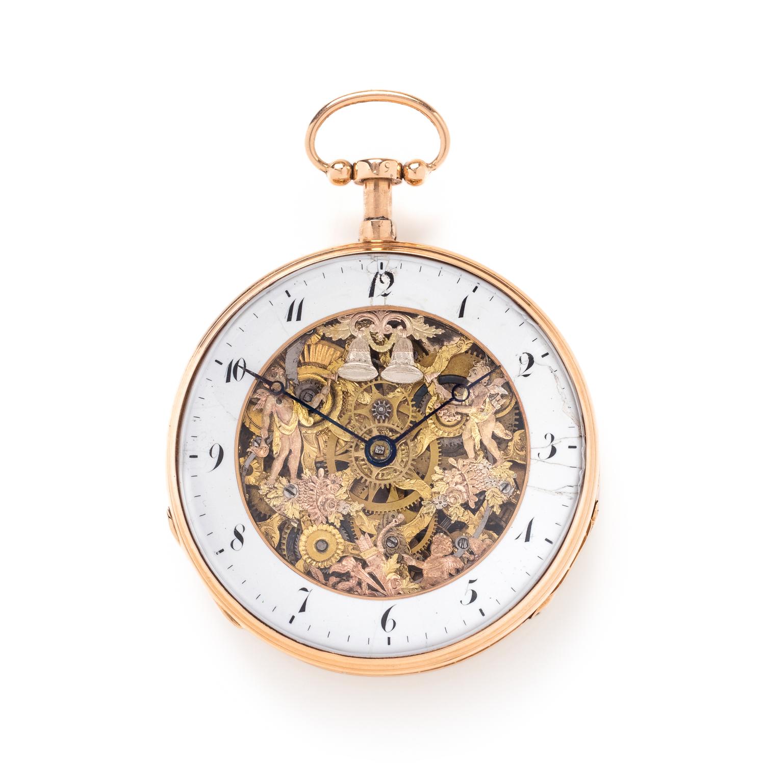 18K YELLOW GOLD AUTOMATON QUARTER REPEATER OPEN FACE POCKET WATCH