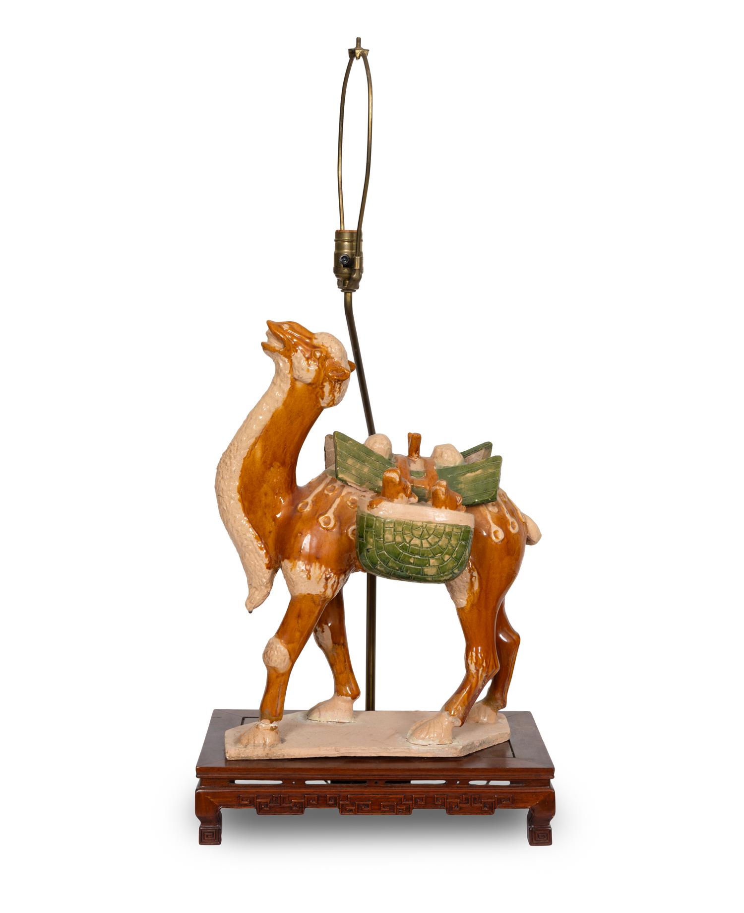 A Chinese Sancai Glazed Ceramic Camel-Form Lamp