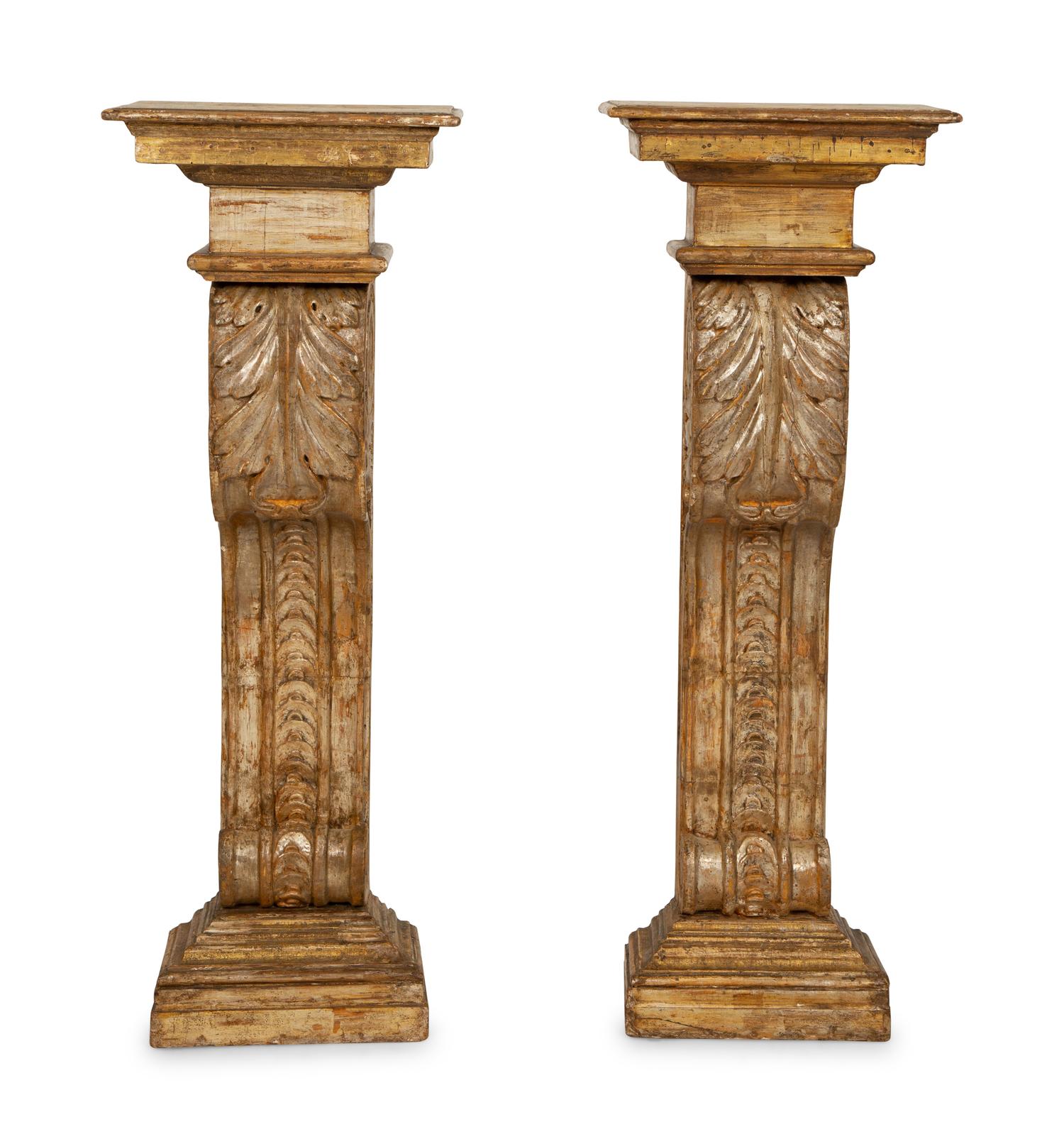A Pair of Italian Silvered and Giltwood Pilaster Pedestals