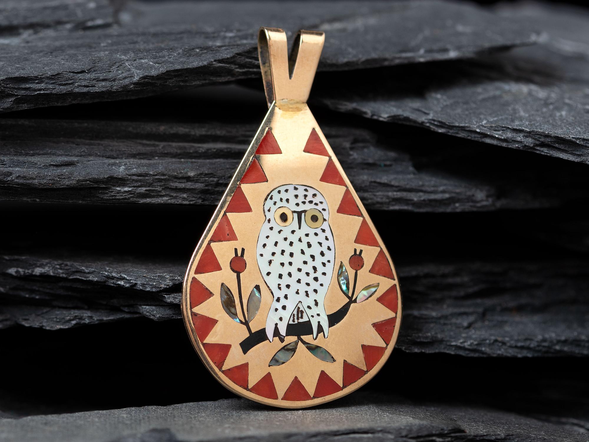 14K Gold Owl Pendant, with Inlay