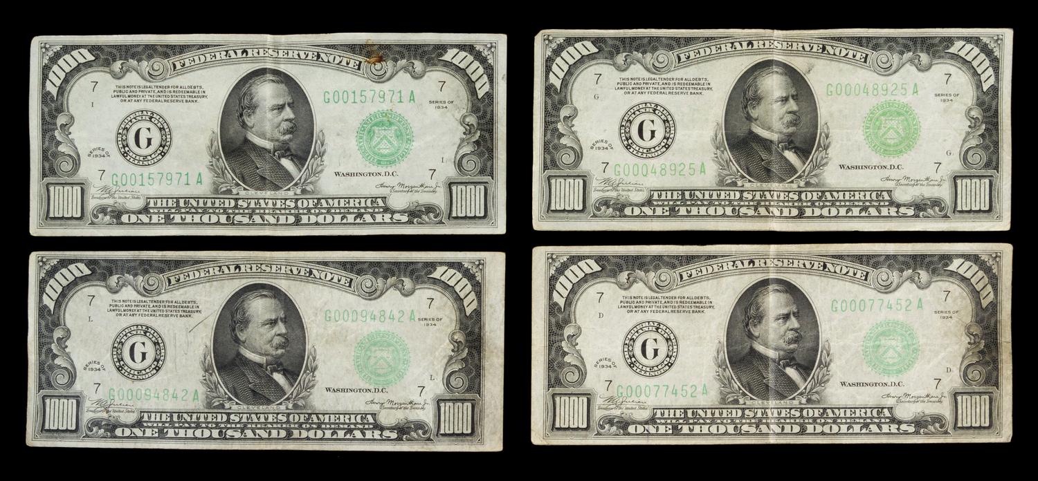 A Collection of Four United States 1934-G $1,000 Federal Reserve Notes