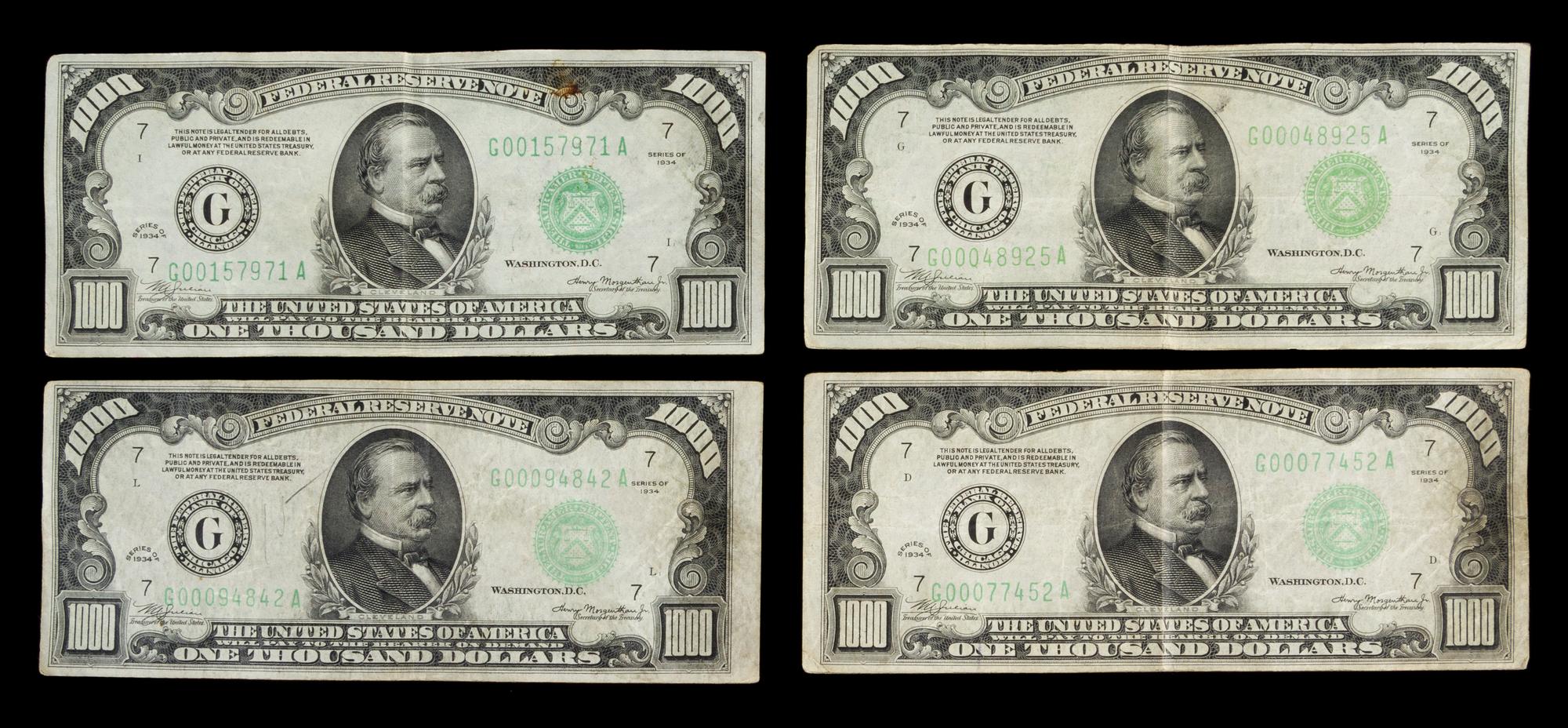 A Collection of Four United States 1934-G $1,000 Federal Reserve Notes
