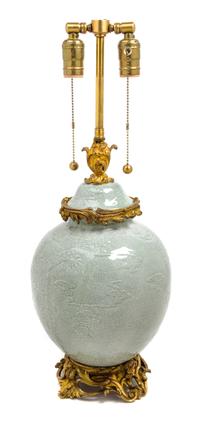 A Gilt Bronze Mounted Chinese Celadon Vase Height 23 1/2 inches overall. — MID-19TH CENTURY