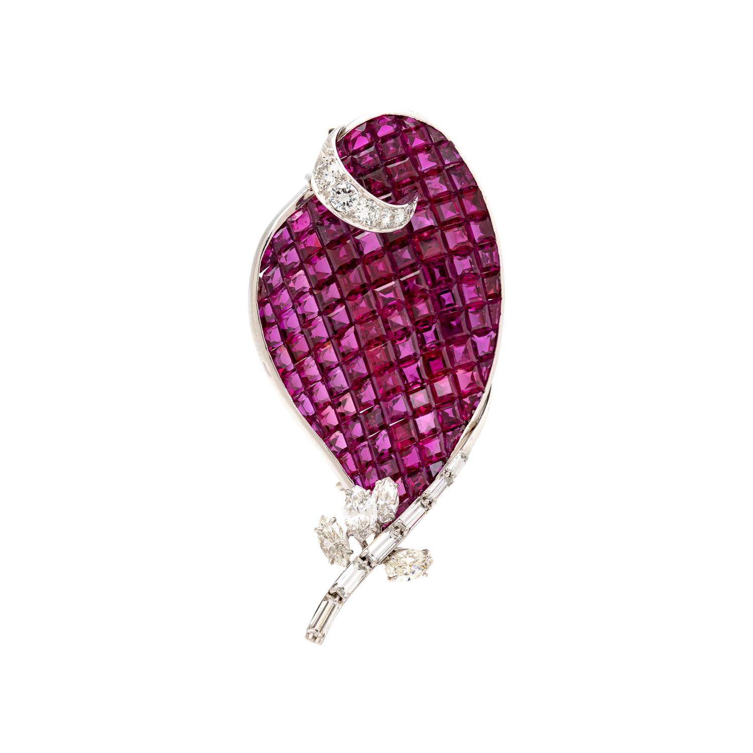 FRED, PARIS, RUBY AND DIAMOND LEAF BROOCH
