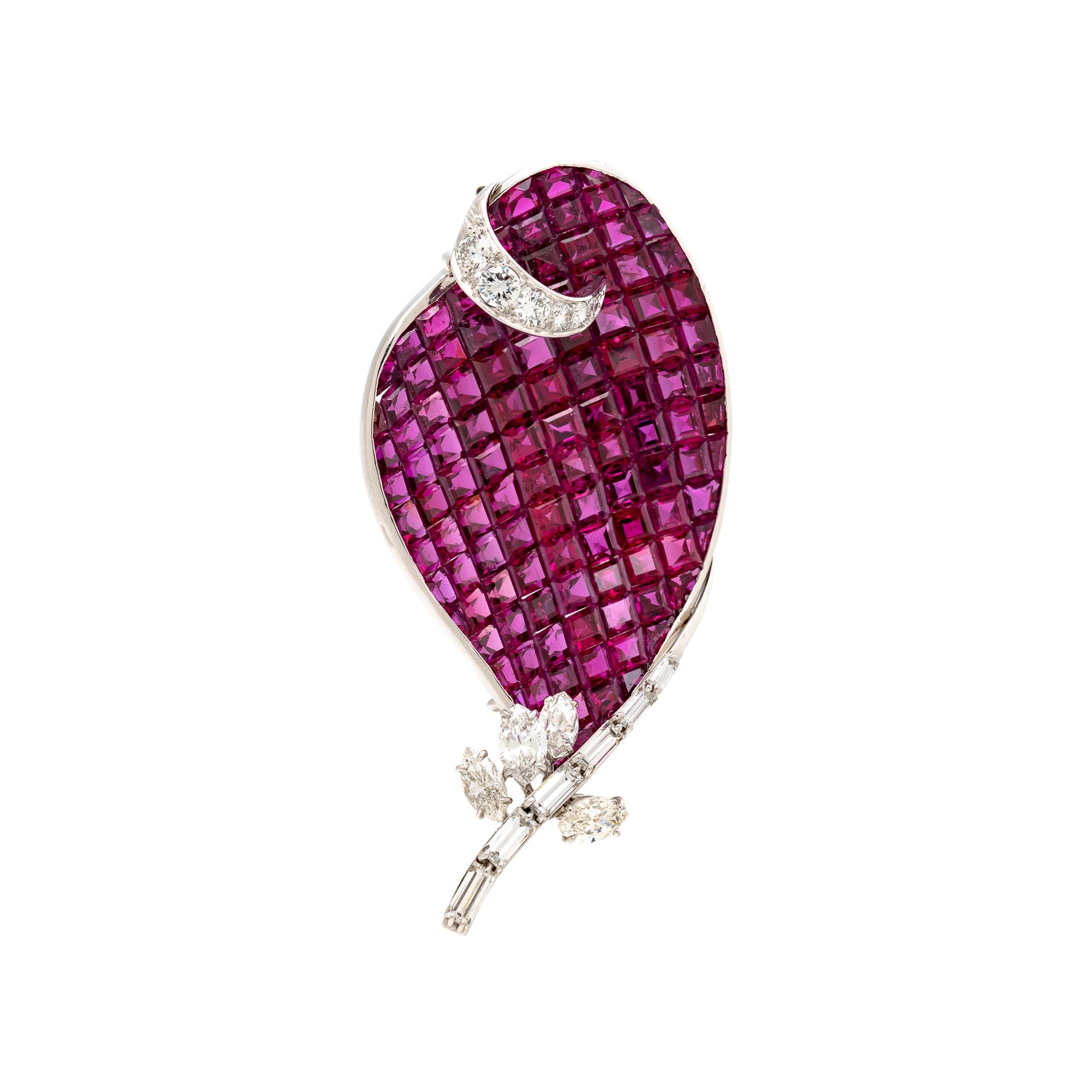FRED, PARIS, RUBY AND DIAMOND LEAF BROOCH