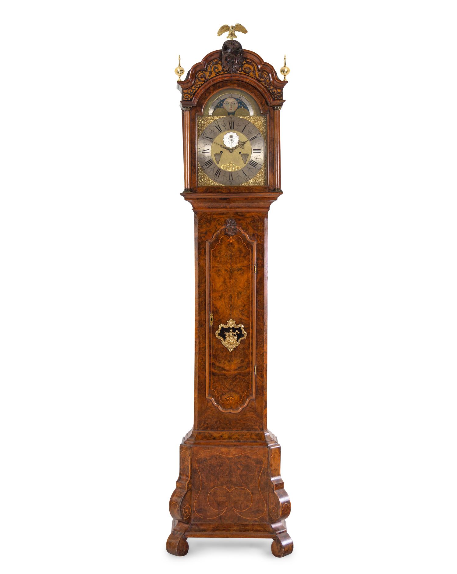 A Dutch Gilt Bronze Mounted Burl Walnut Tall Case Clock