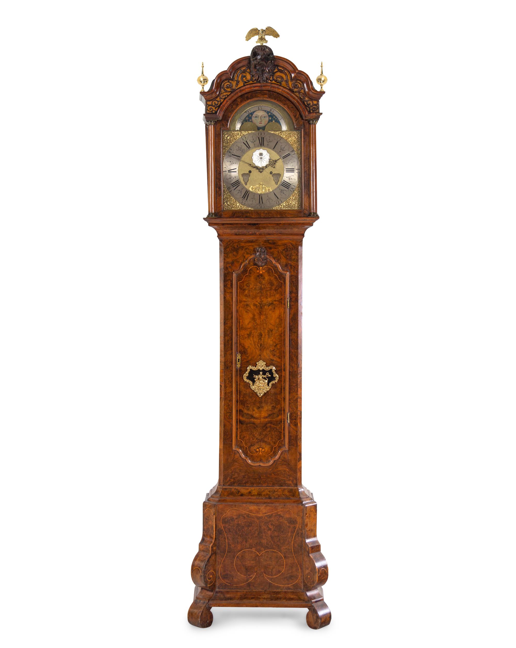 A Dutch Gilt Bronze Mounted Burl Walnut Tall Case Clock
