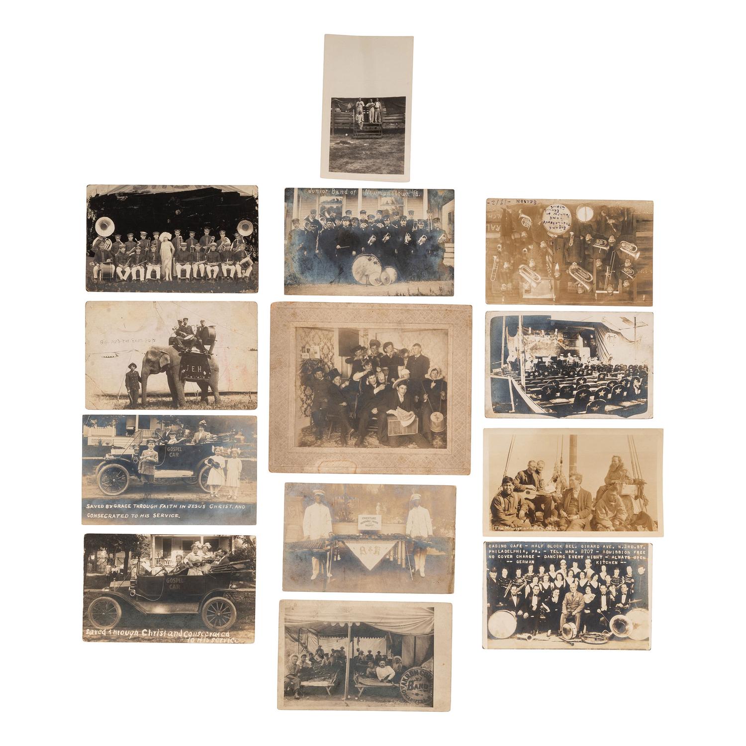 [EARLY PHOTOGRAPHY - MUSIC]. A collection of 60+ photographs of gospel, military, and marching bands and other musical groups, including: