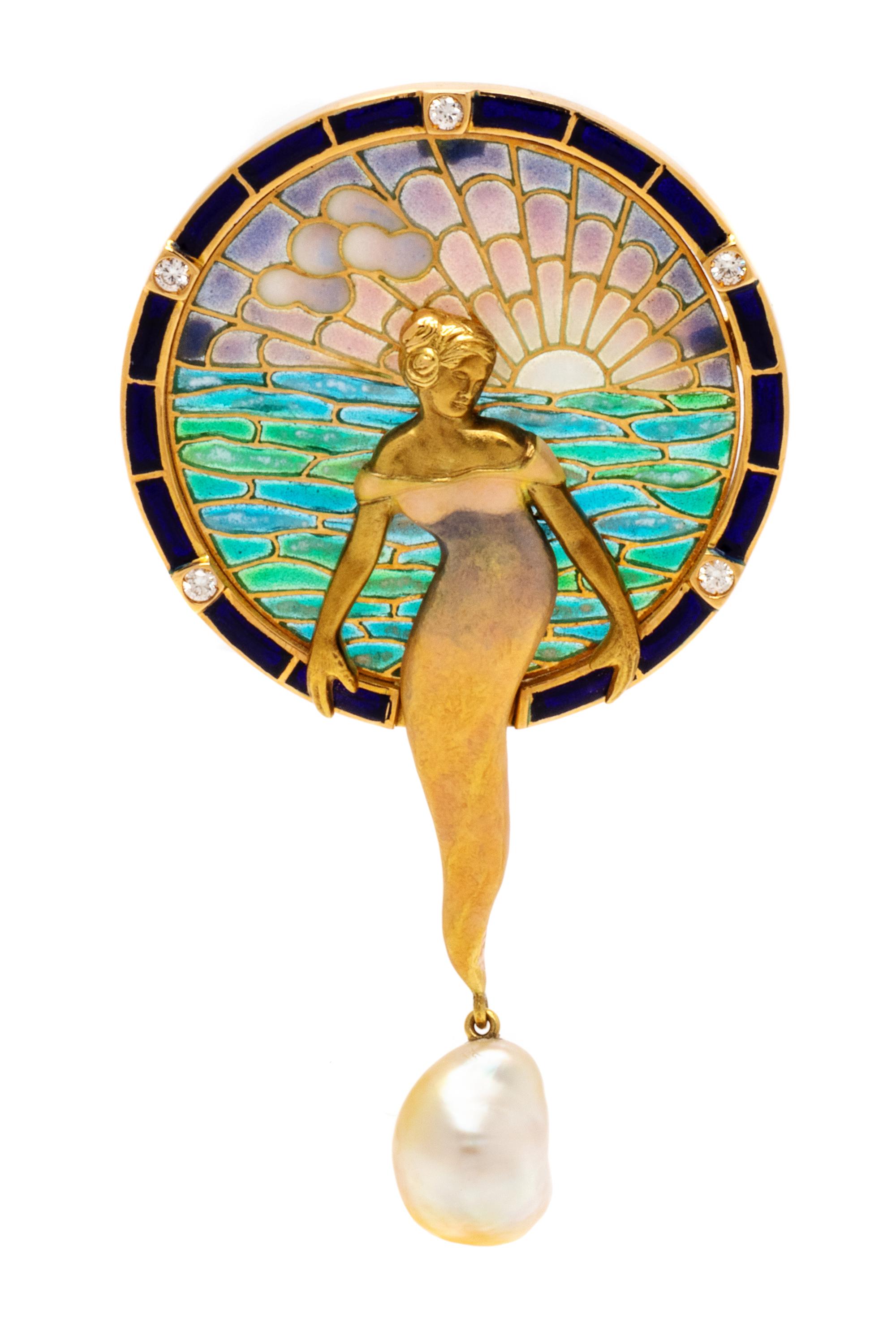 An 18 Karat Yellow Gold, Plique-a-Jour, Diamond and Cultured Baroque Pearl 'Moon Goddess' Pendant/Brooch, Nouveau 1910, 16.65 dwts.