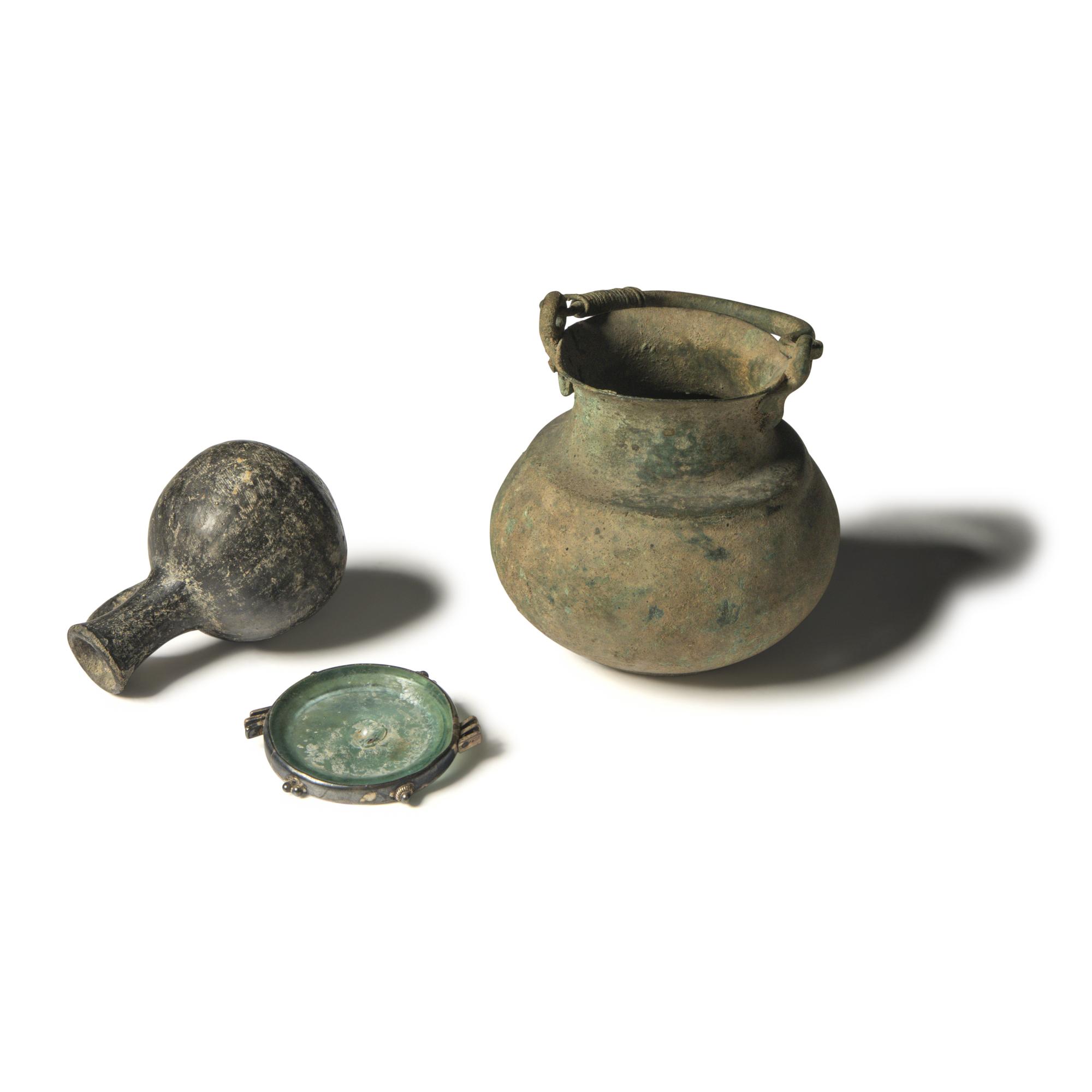 Three Roman Terracotta, Bronze, and Glass Vessels