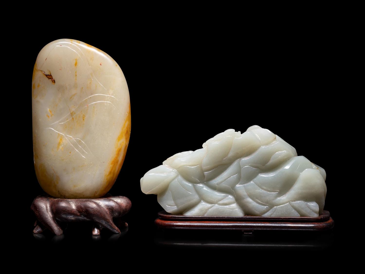Two Chinese Carved Celadon Jade Boulders