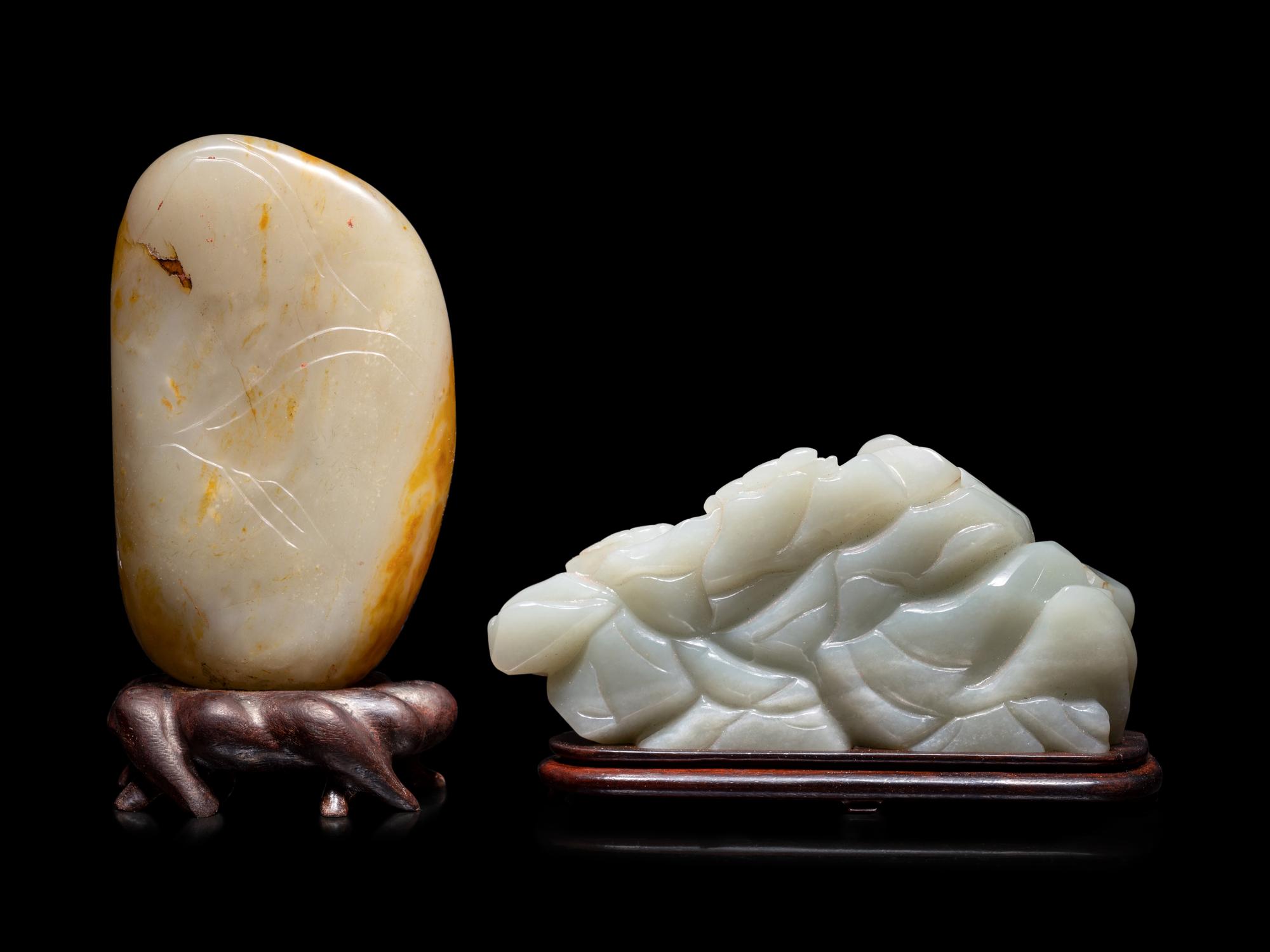 Two Chinese Carved Celadon Jade Boulders